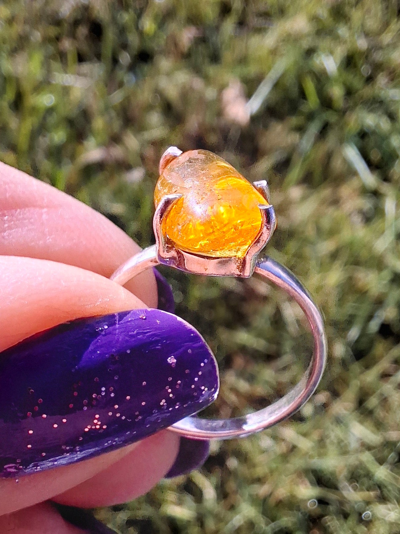 Baltic Amber Ring, size large O, 925 Silver, Fossil (Ref: AR12)
