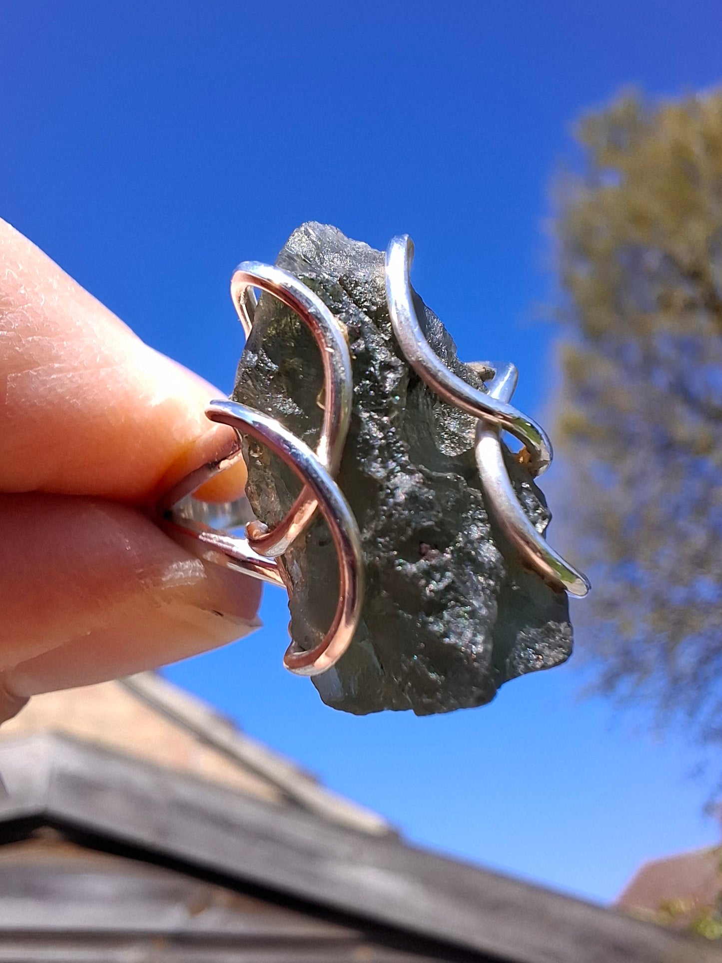 Moldavite Ring, size O, 925 Silver, Tektite (Ref: R8)
