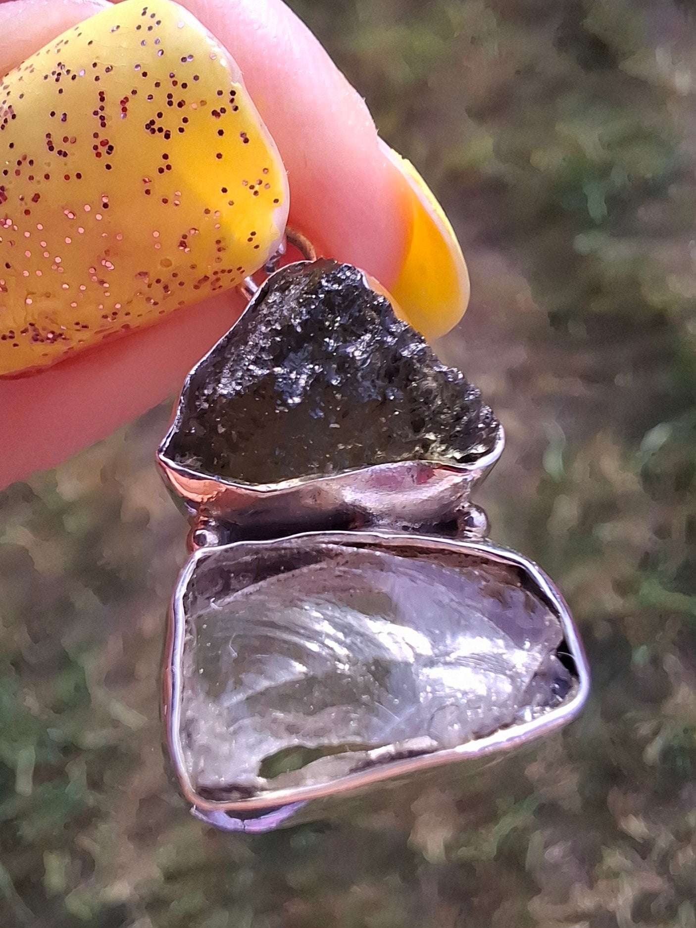 Moldavite & Libyan Desert Glass Pendant, 925 Silver, Tektite (Ref: MLP8)