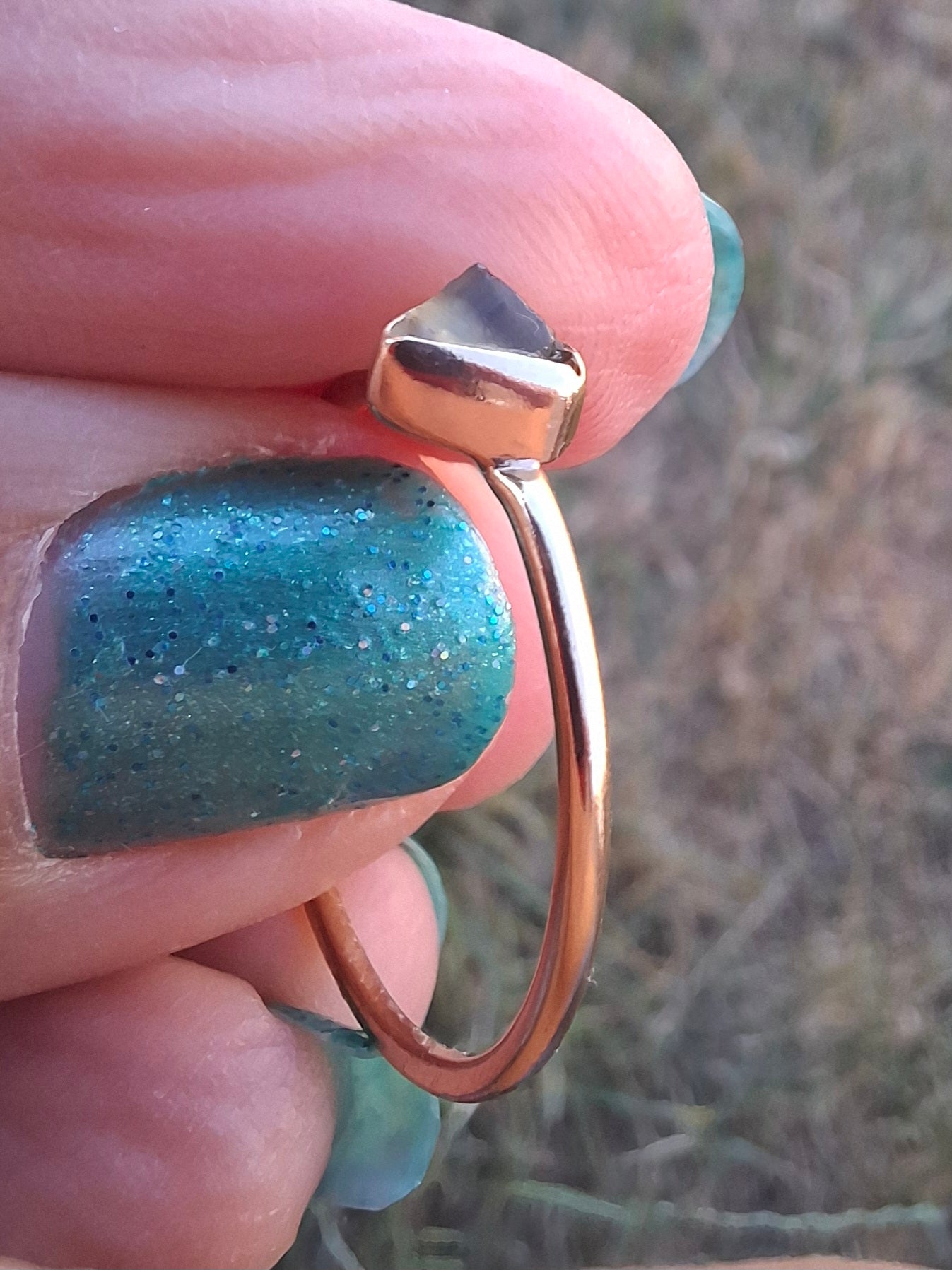 Moldavite Ring, 14K GOLD Plated, size large T, Tektite (Ref: R349)