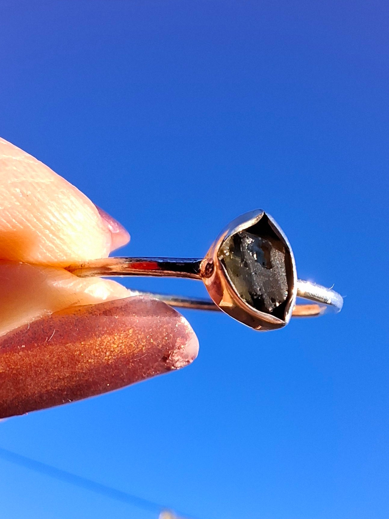 Moldavite Ring, size large T, 925 Silver, Tektite (Ref: R70)