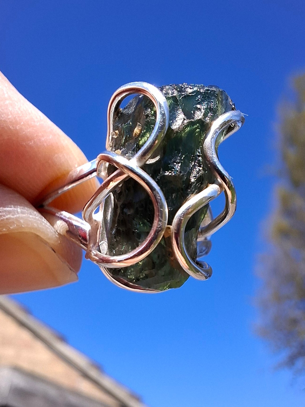 Moldavite Ring, size O, 925 Silver, Tektite (Ref: R9)