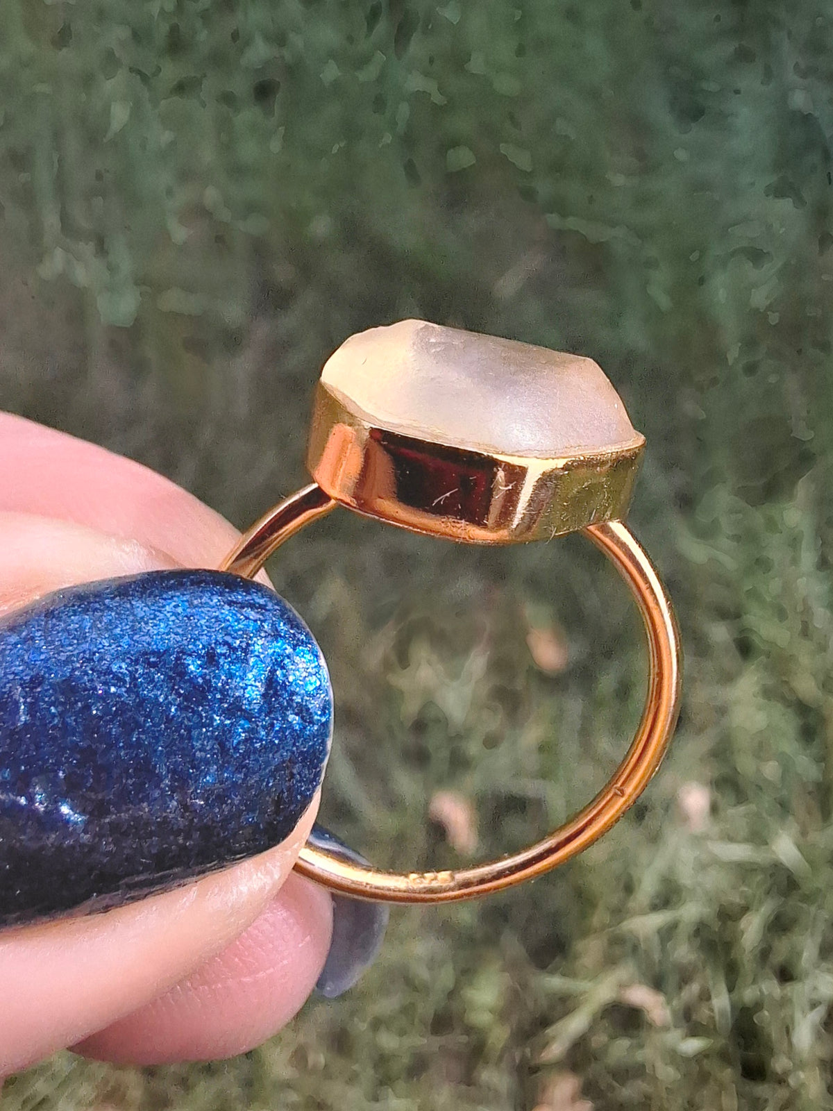 Libyan Desert Glass Ring, 14K GOLD Plated, size large P, Tektite (Ref: LR67)