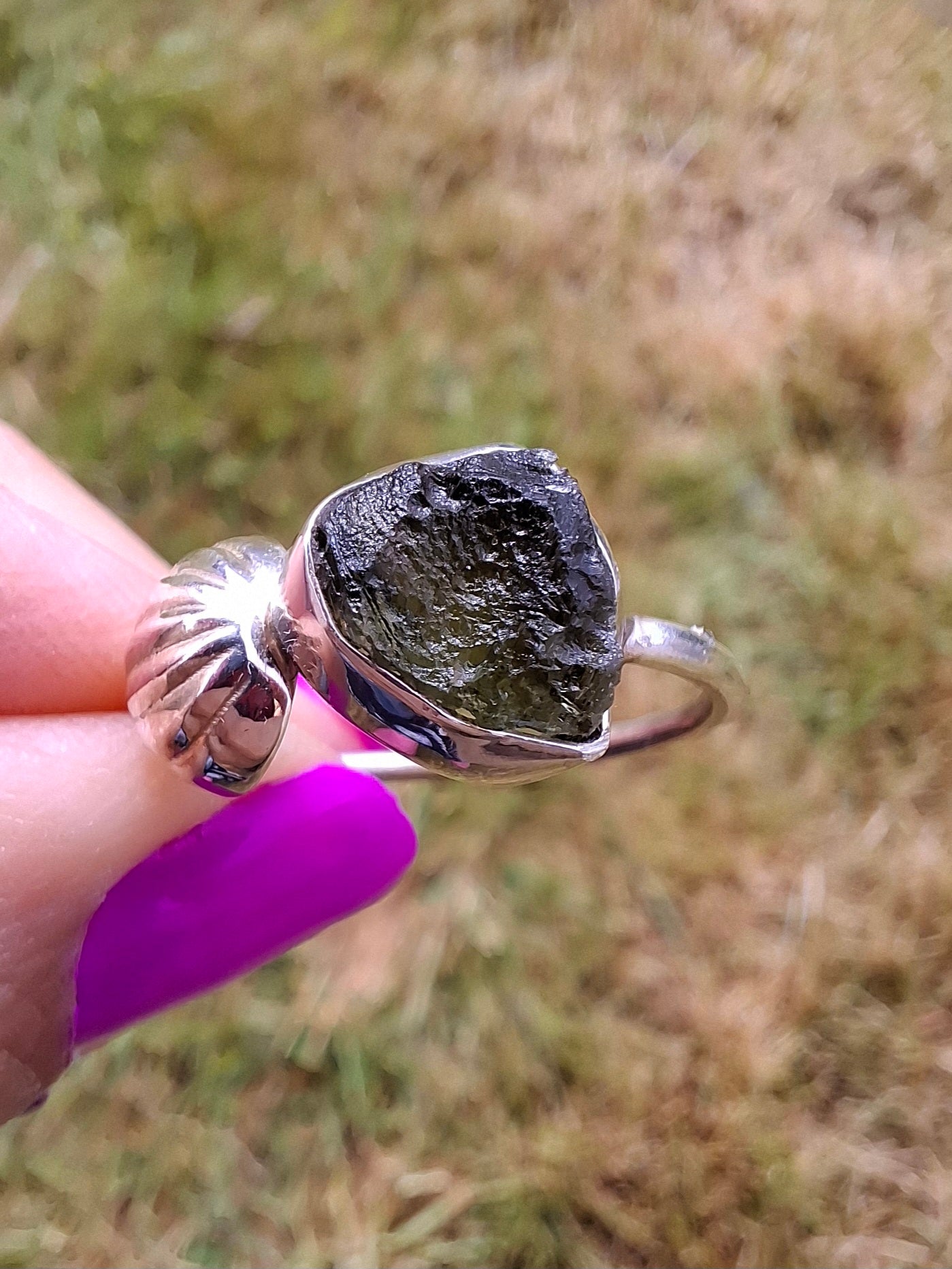 Moldavite ADJUSTABLE Ring, size large V/small W, 925 Silver, Tektite (Ref: AR51)