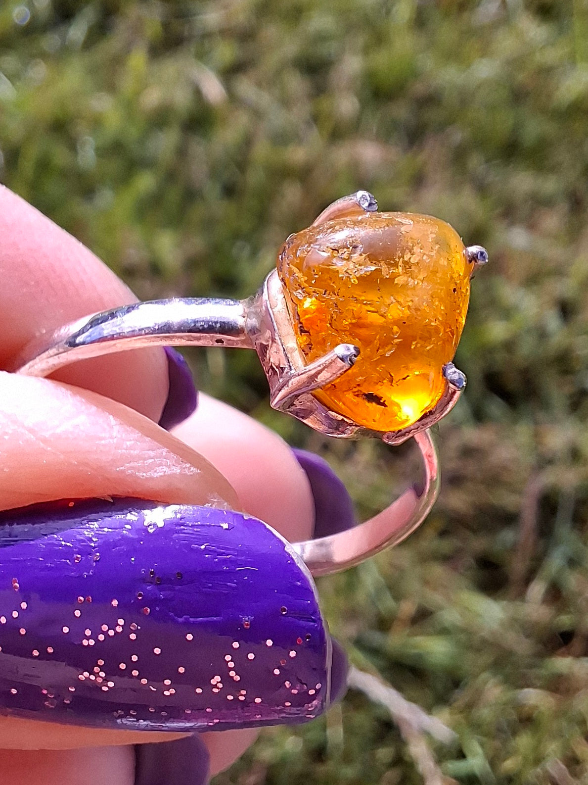 Baltic Amber Ring, size large Y, 925 Silver, Fossil (Ref: AR37)