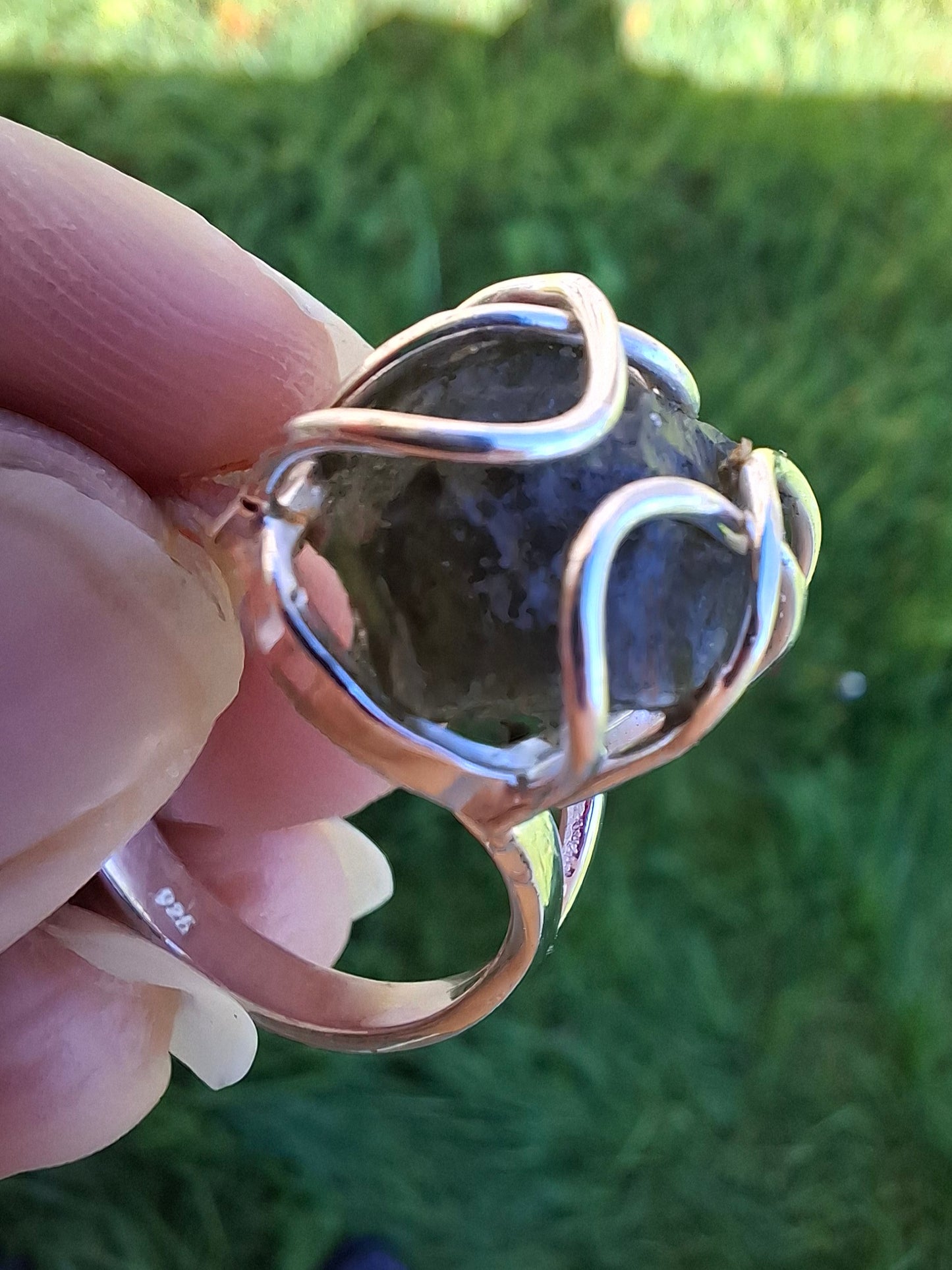 Moldavite Ring, size S, 925 Silver, Tektite (Ref: R12)