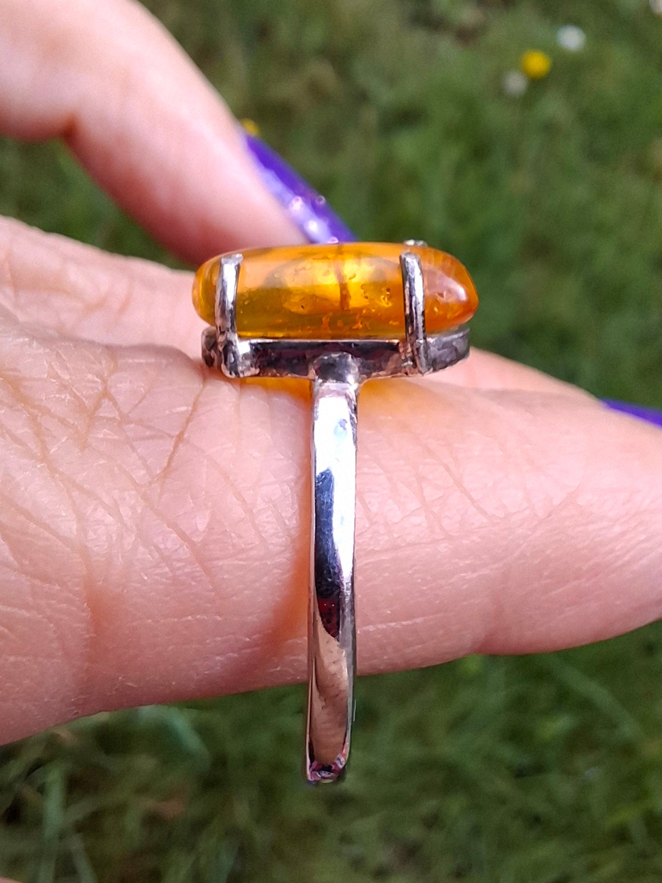 Baltic Amber Ring, size large T, 925 Silver, Fossil (Ref: AR18)