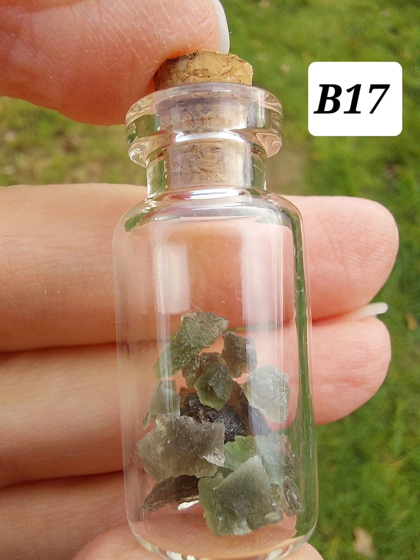 Moldavite chips (1.50g) in 3ml glass Bottle, Tektite (Ref: B17)