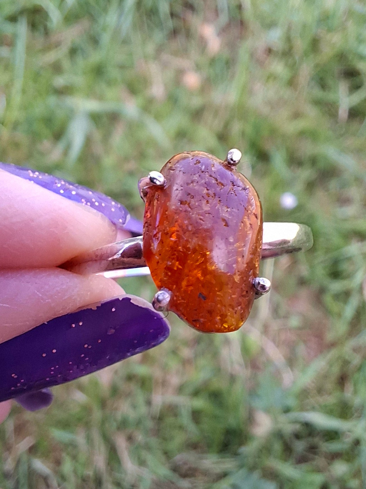 Baltic Amber Ring, size large X, 925 Silver, Fossil (Ref: AR32)