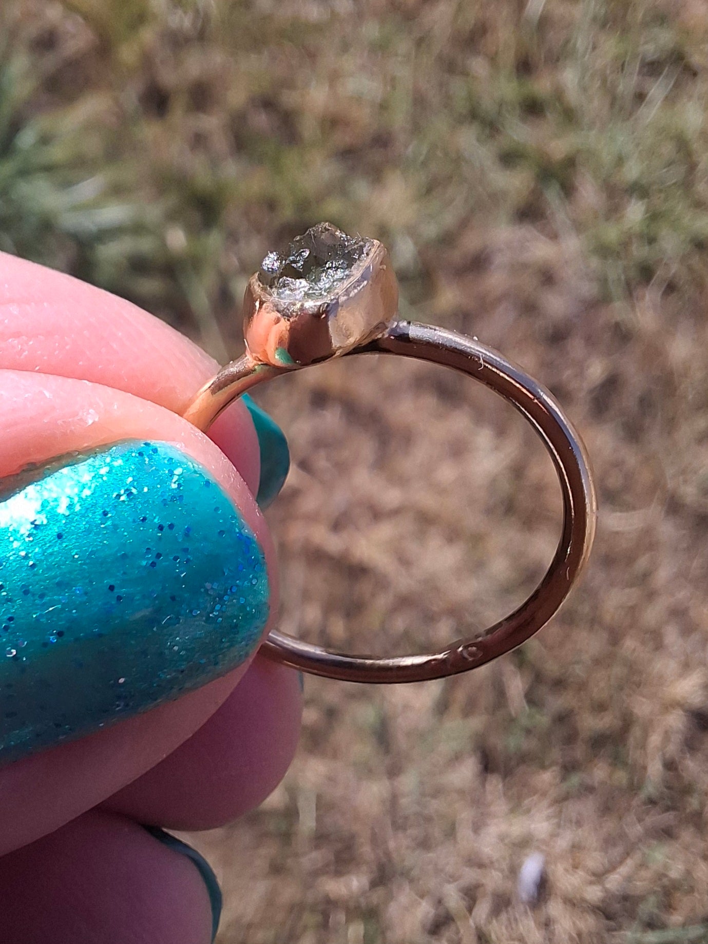 Moldavite Ring, 14K GOLD Plated, size large L, Tektite (Ref: R343)