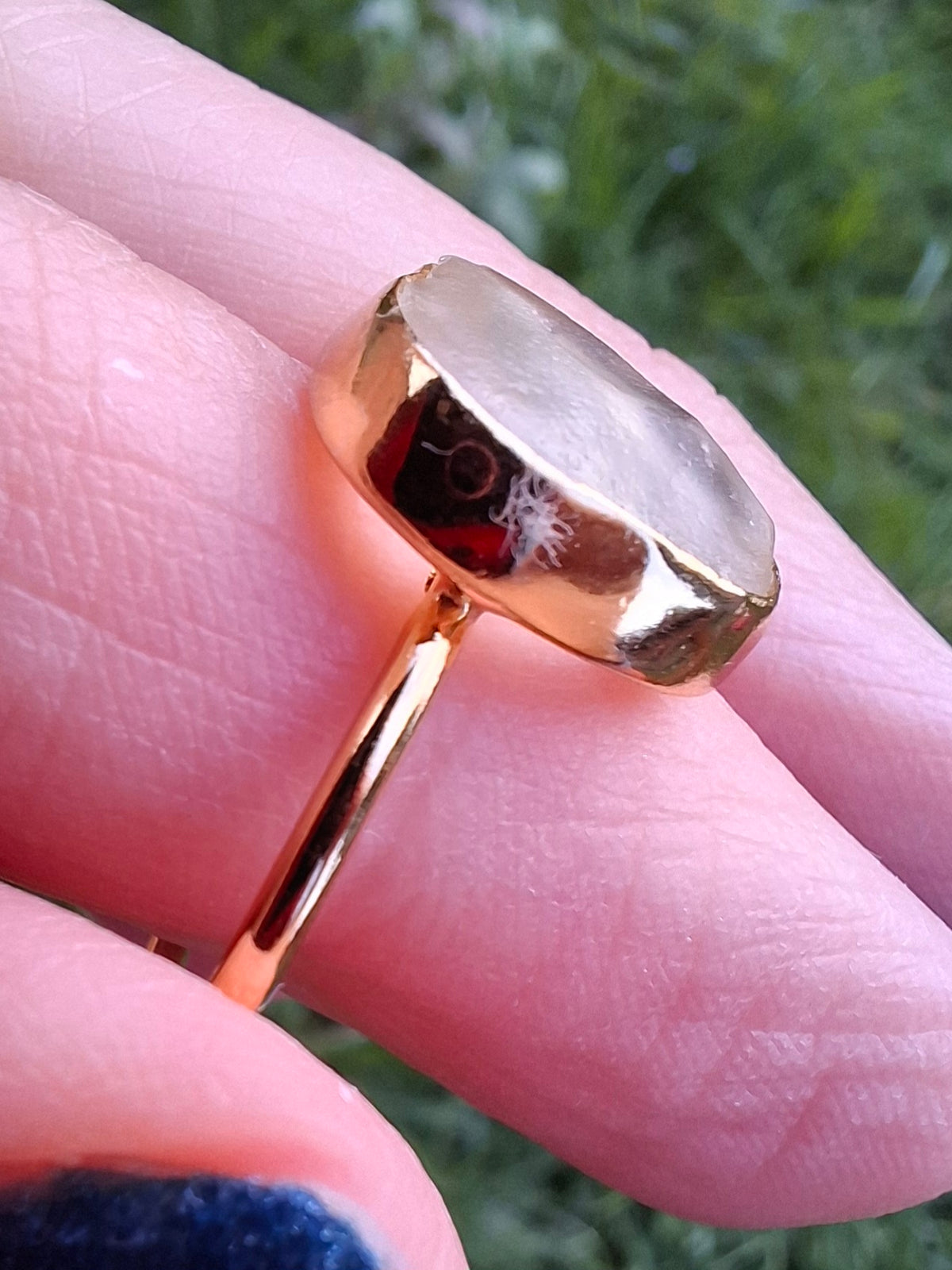 Libyan Desert Glass Ring, 14K GOLD Plated, size large Q, Tektite (Ref: LR80)