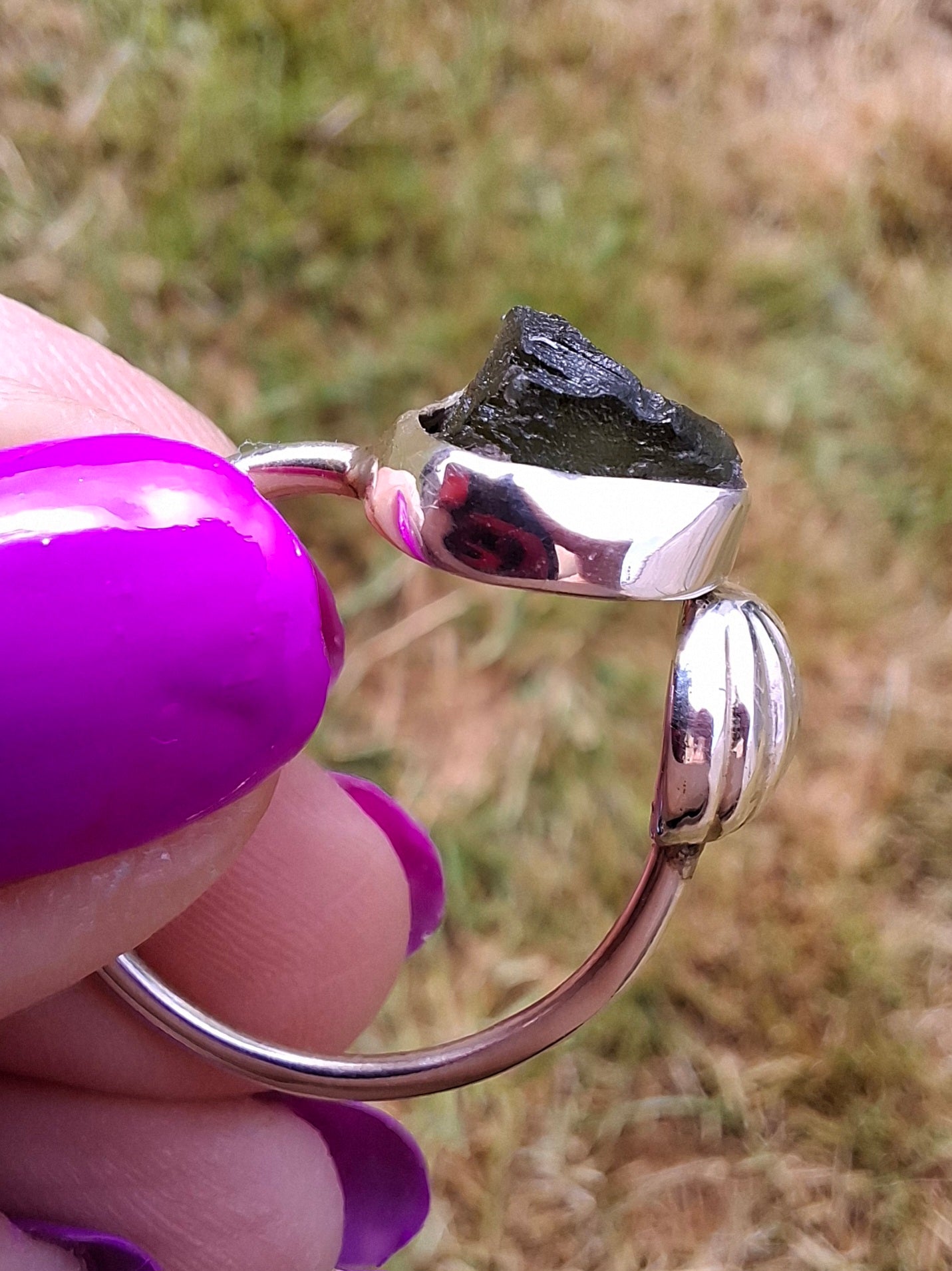 Moldavite ADJUSTABLE Ring, size large V/small W, 925 Silver, Tektite (Ref: AR51)
