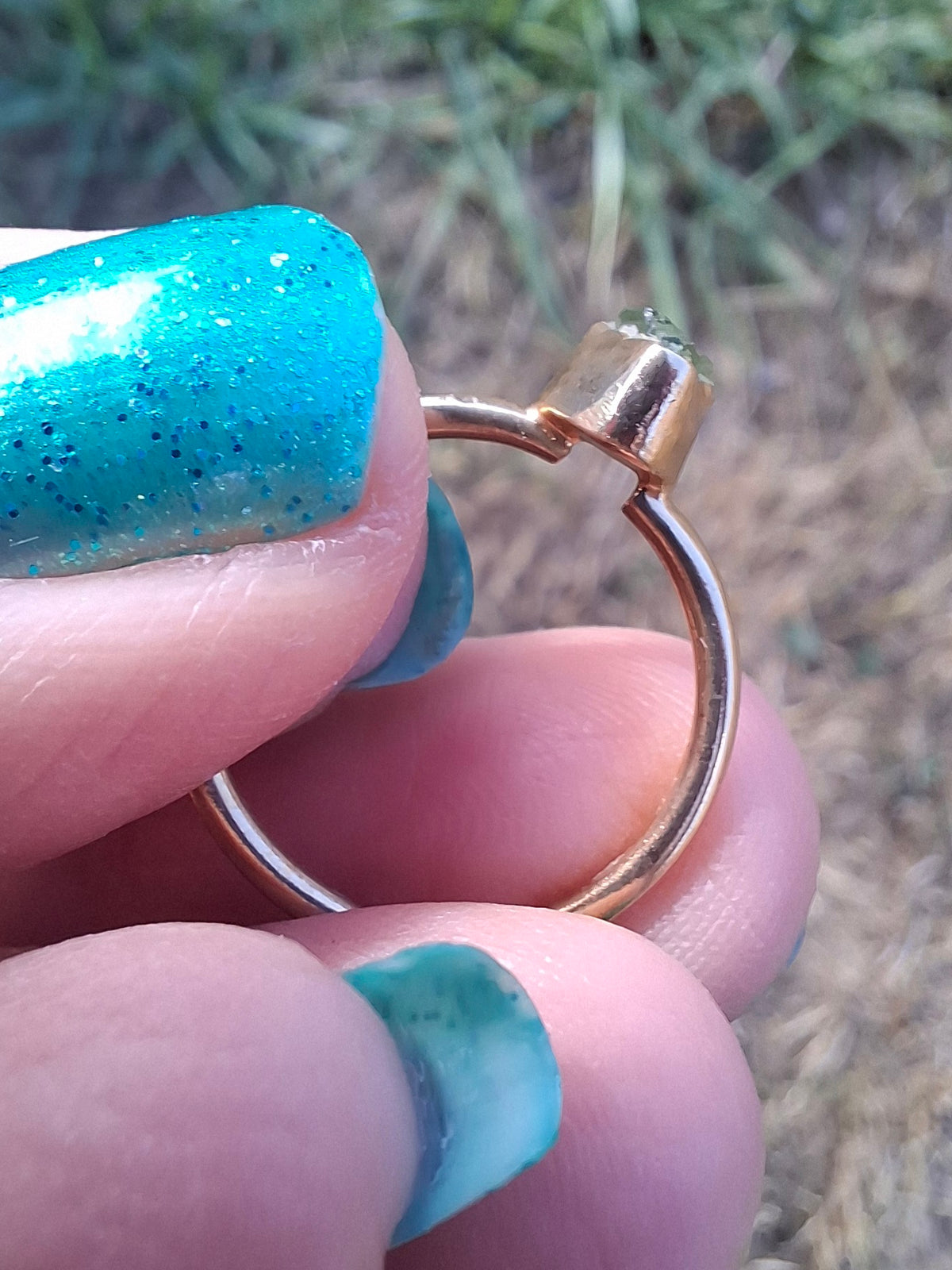 Moldavite Ring, 14K GOLD Plated, size large J, Tektite (Ref: R338)