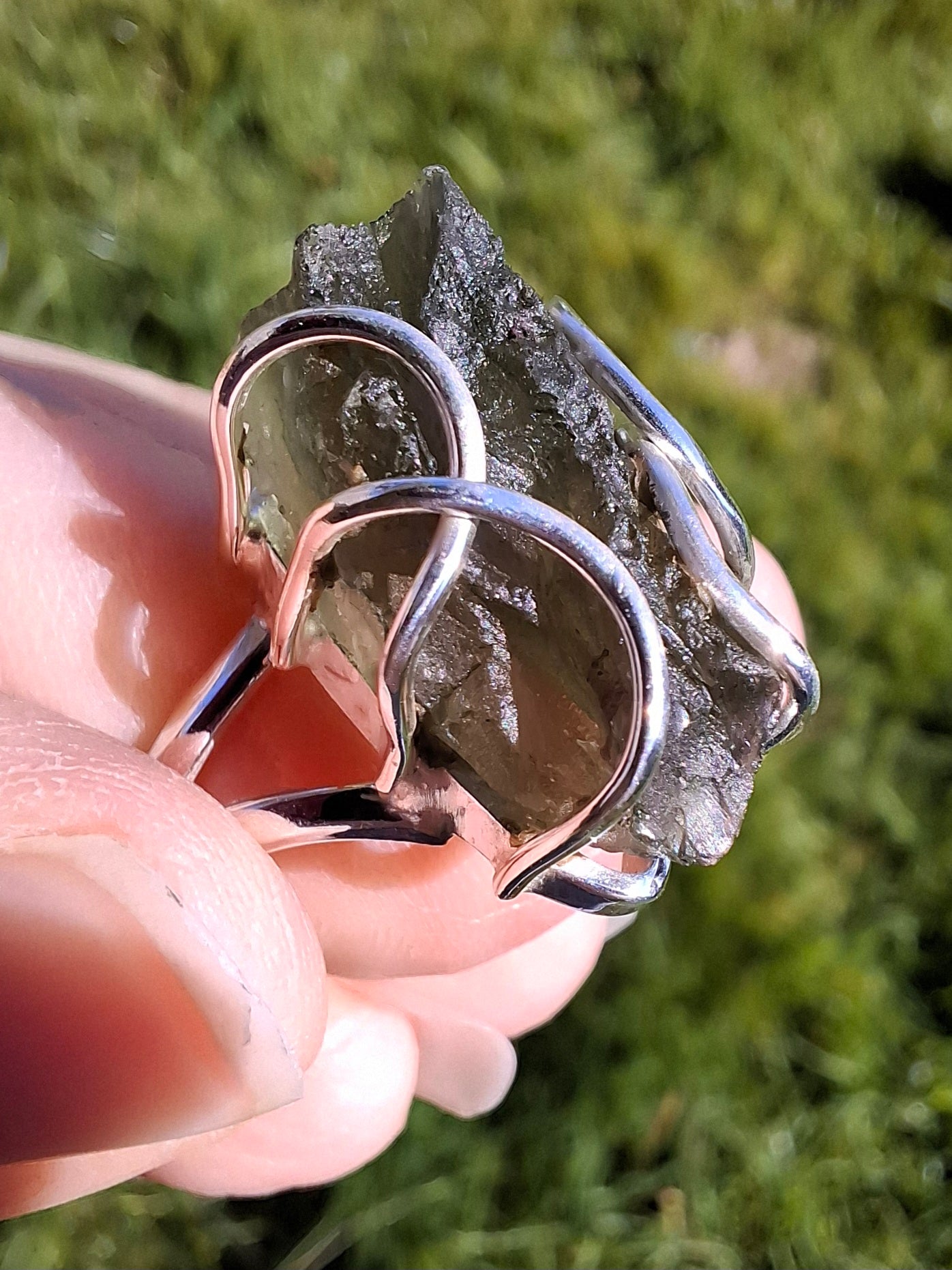 Moldavite Ring, size O, 925 Silver, Tektite (Ref: R8)