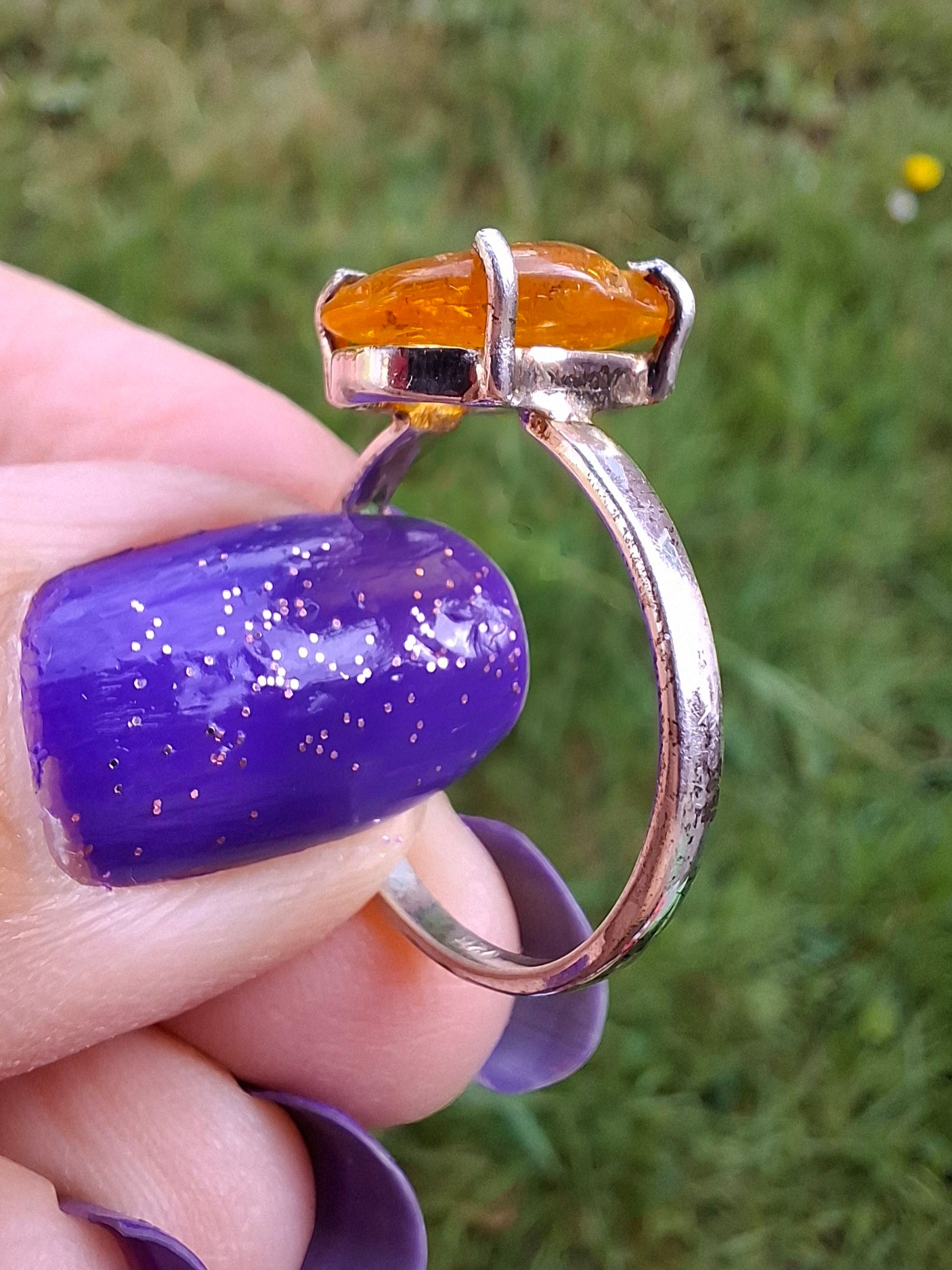 Baltic Amber Ring, size large Q, 925 Silver, Fossil (Ref: AR14)