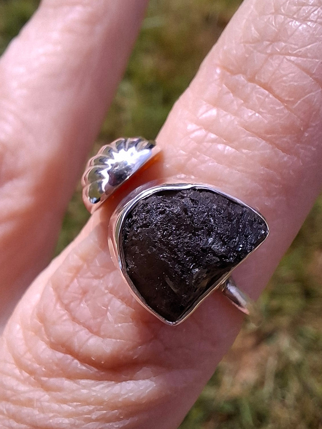 Moldavite ADJUSTABLE Ring, size large N, 925 Silver, Tektite (Ref: AR 39)