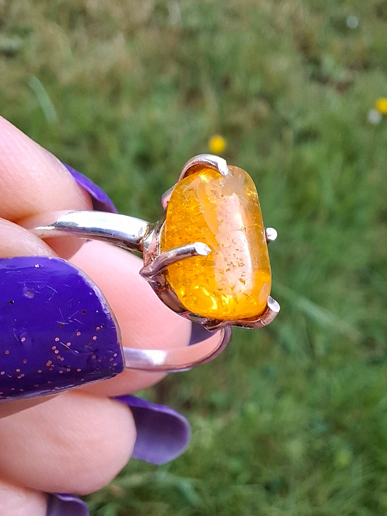 Baltic Amber Ring, size large O, 925 Silver, Fossil (Ref: AR12)