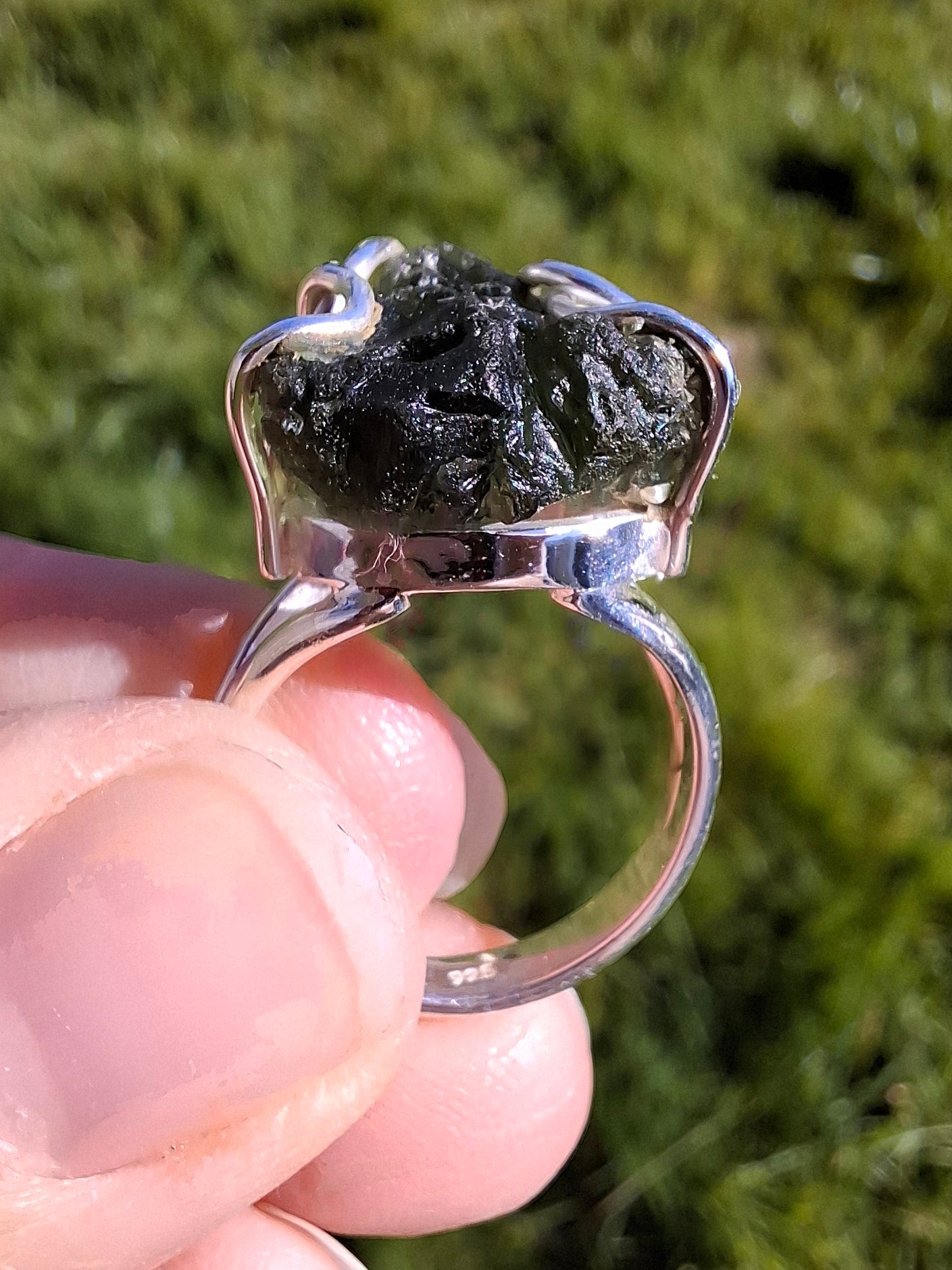 Moldavite Ring, size large L/small M, 925 Silver, Tektite (Ref: R4)