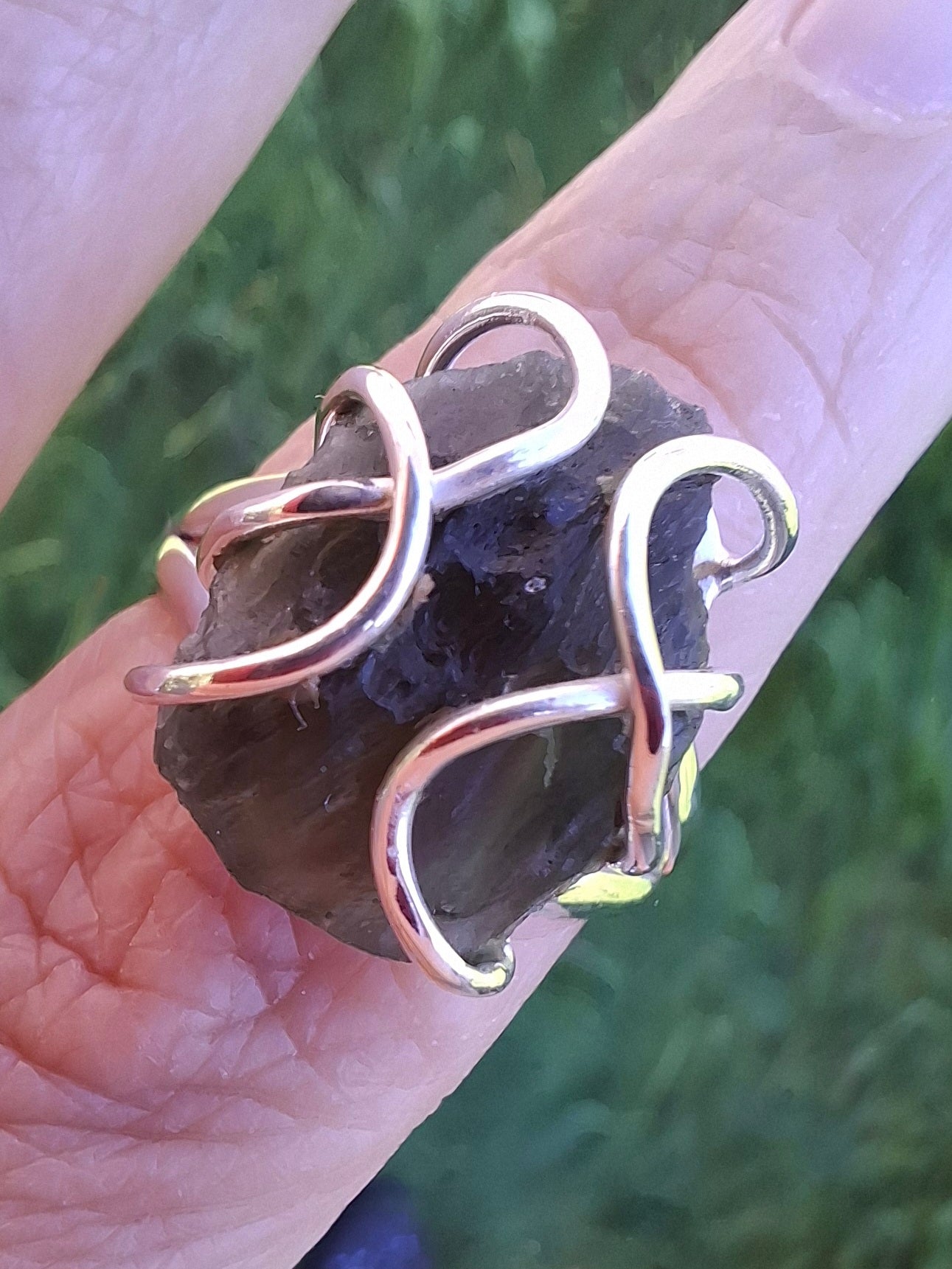 Moldavite Ring, size S, 925 Silver, Tektite (Ref: R12)
