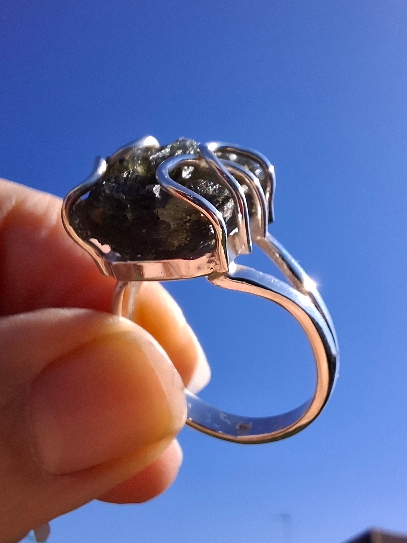Moldavite Ring, size U, 925 Silver, Tektite (Ref: R14)