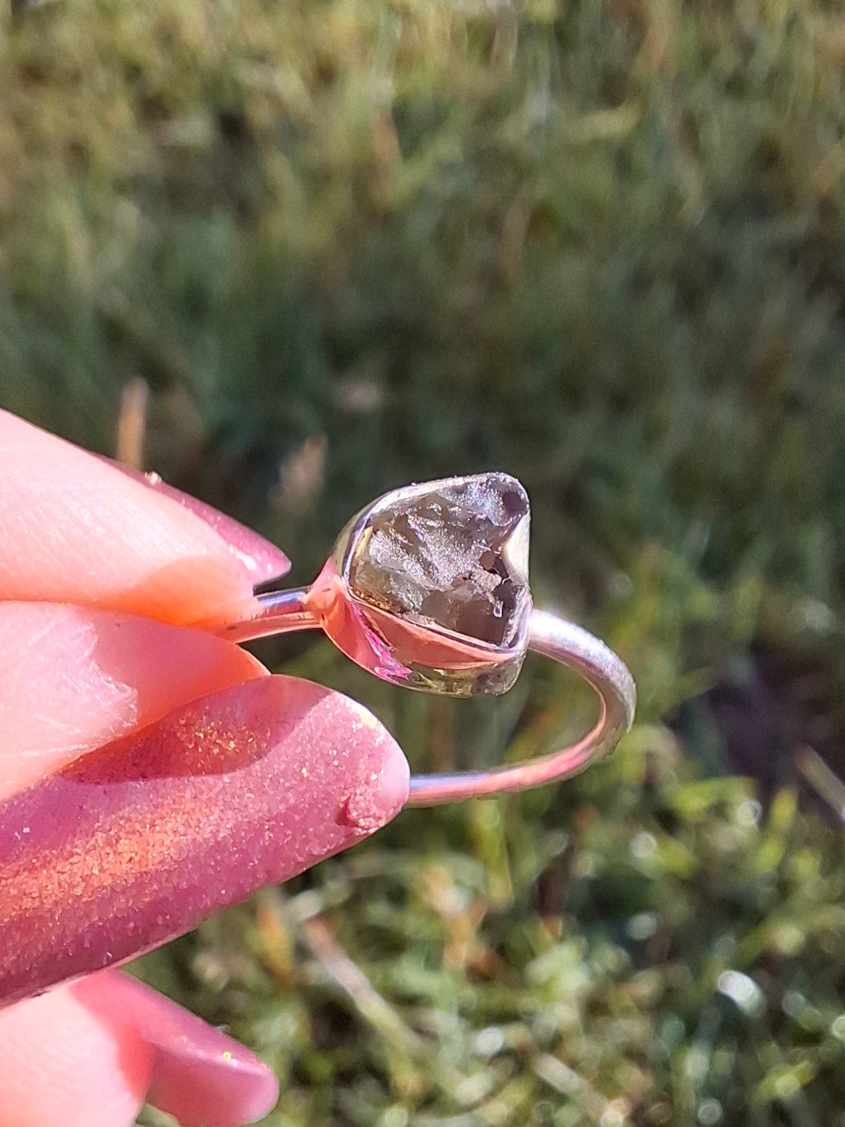 Moldavite Ring, Size small L, 925 Silver, Tektite (Ref: R34)