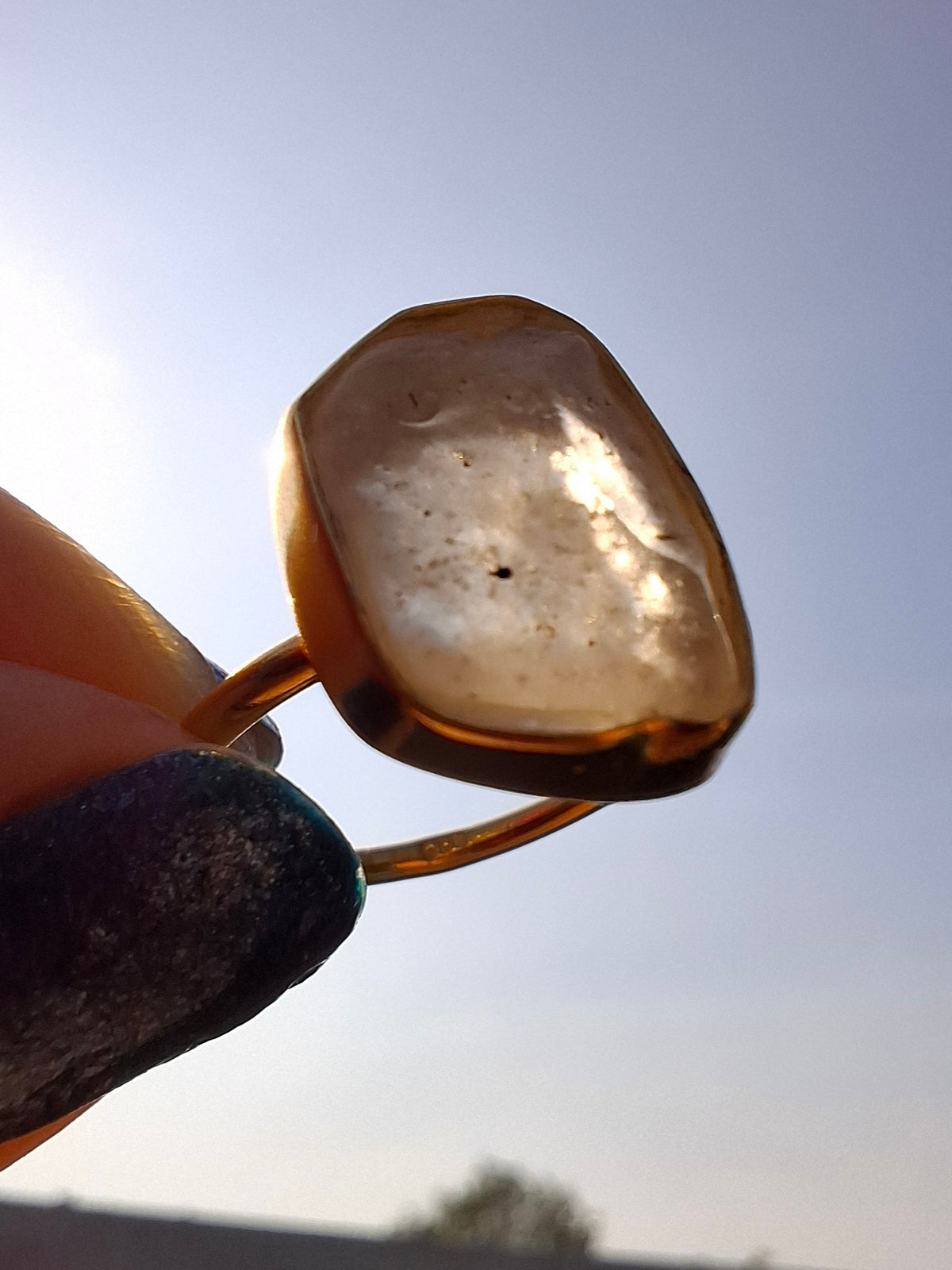 Libyan Desert Glass Ring, 14K GOLD Plated, size large O, Tektite (Ref: LR71)