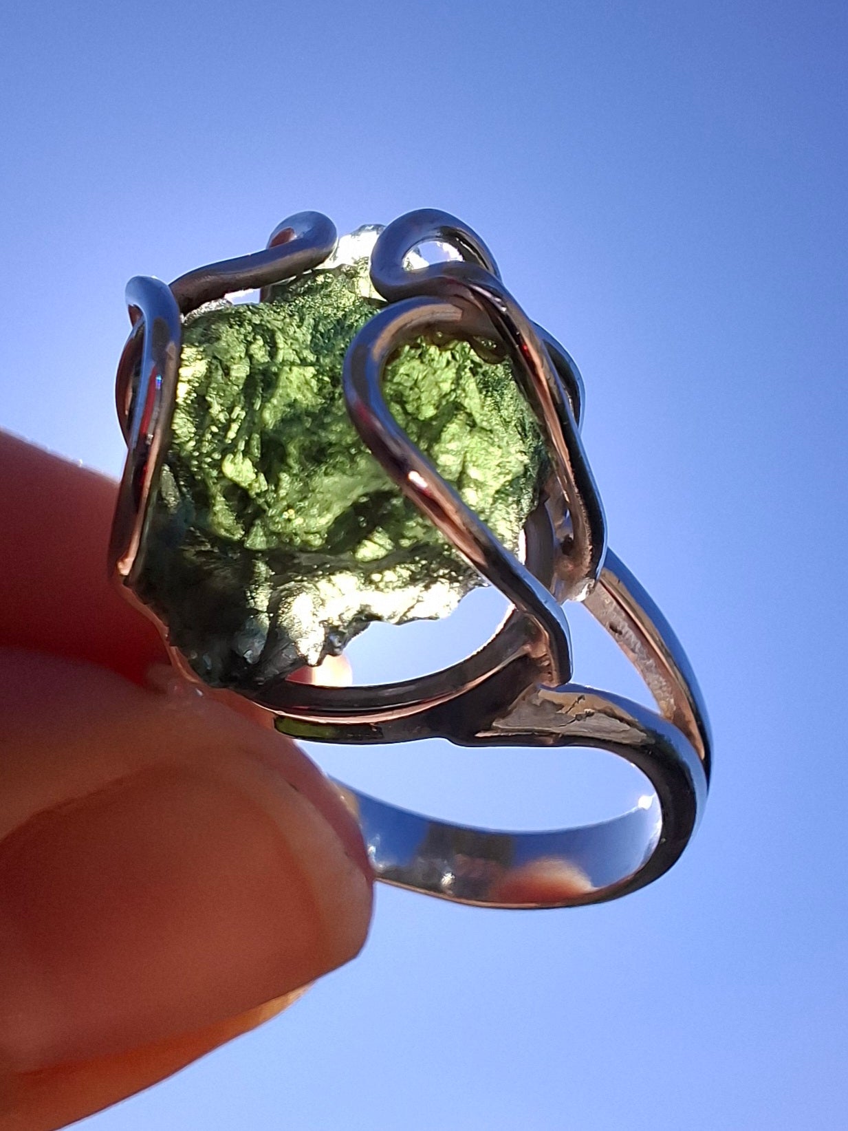 Moldavite Ring, size O, 925 Silver, Tektite (Ref: R7)