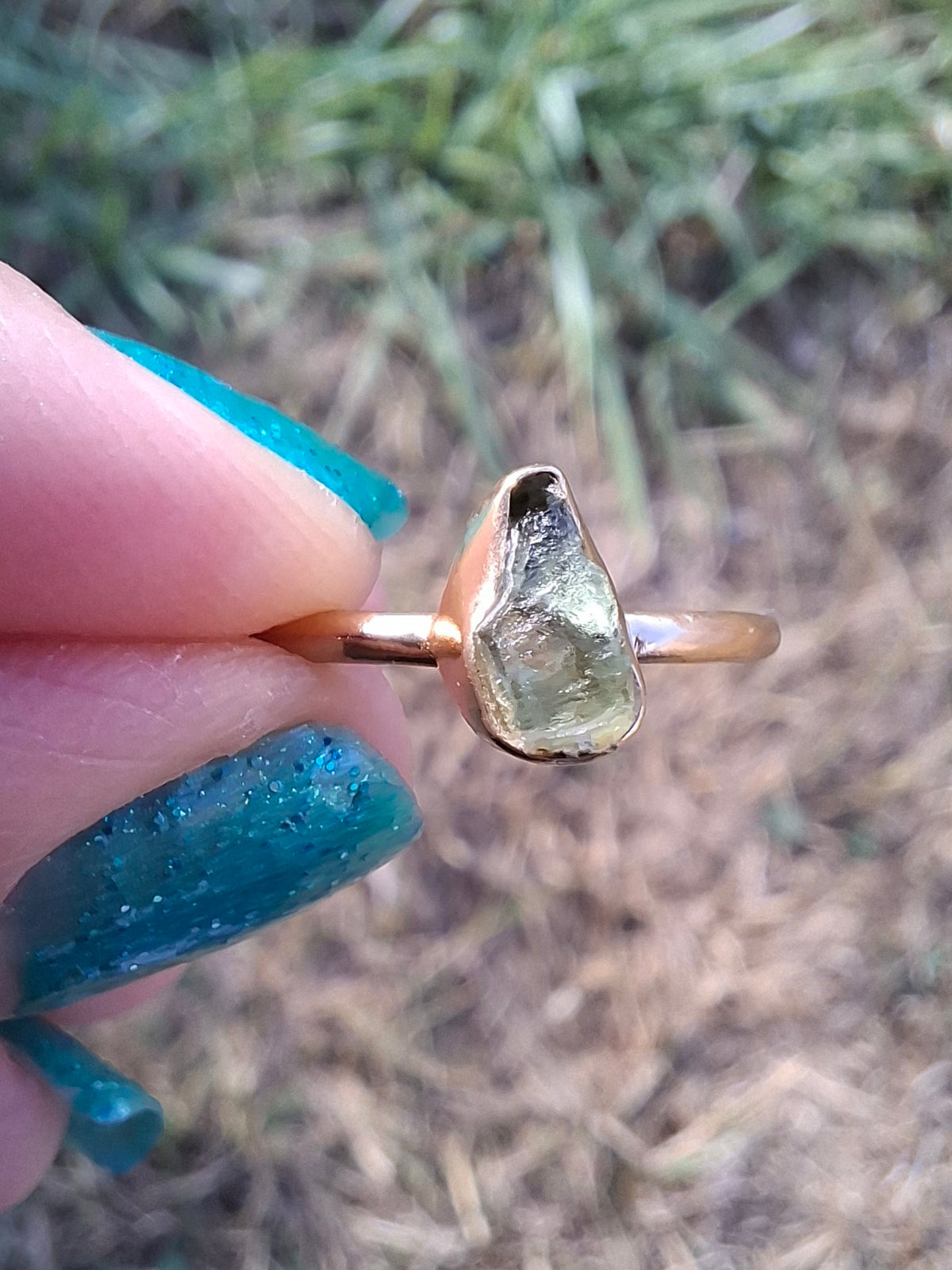 Moldavite Ring, 14K GOLD Plated, size large J, Tektite (Ref: R338)