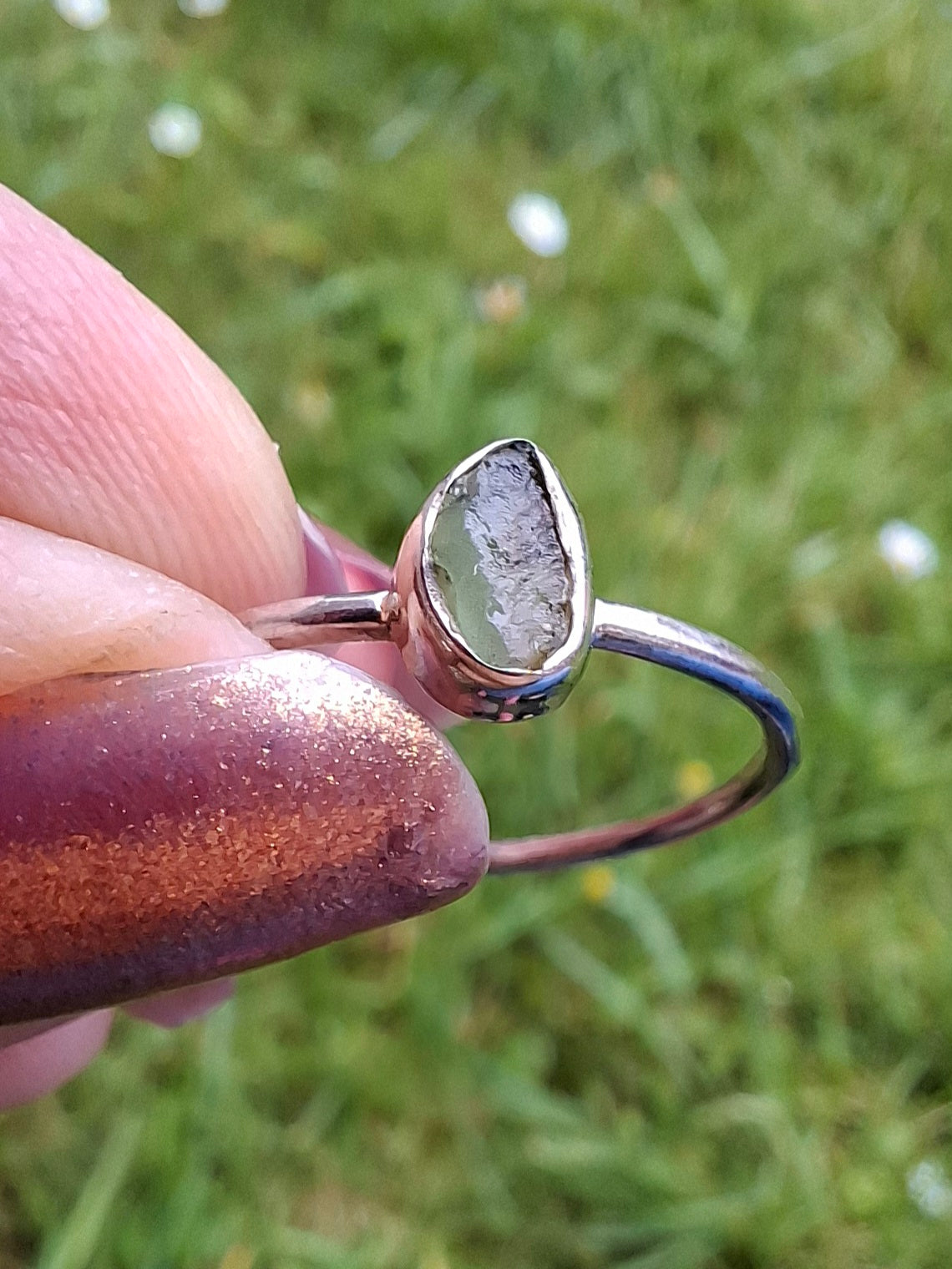 Moldavite Ring, size small T, 925 Silver, Tektite (Ref: R69)