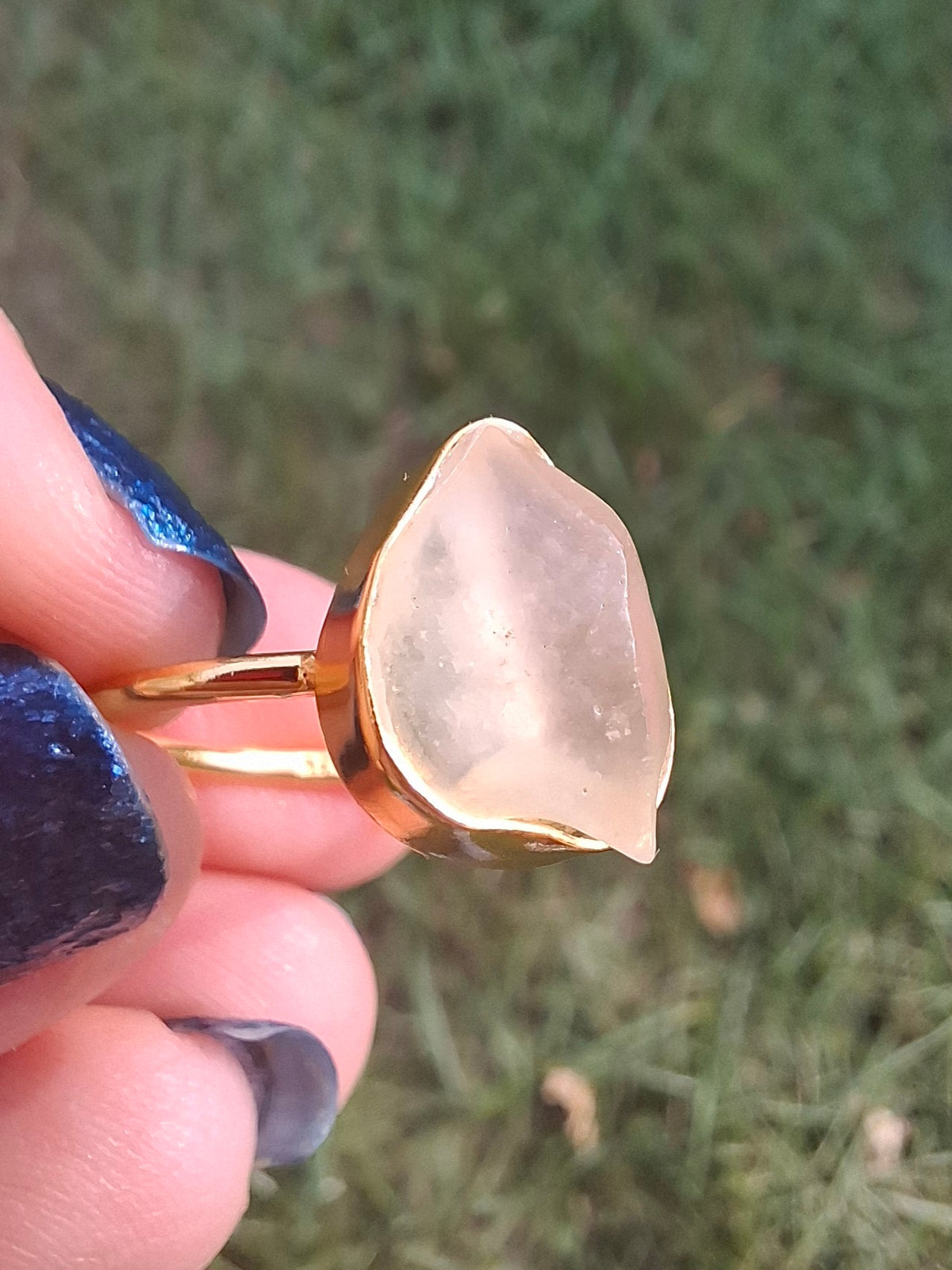 Libyan Desert Glass Ring, 14K GOLD Plated, size small O, Tektite (Ref: LR74)