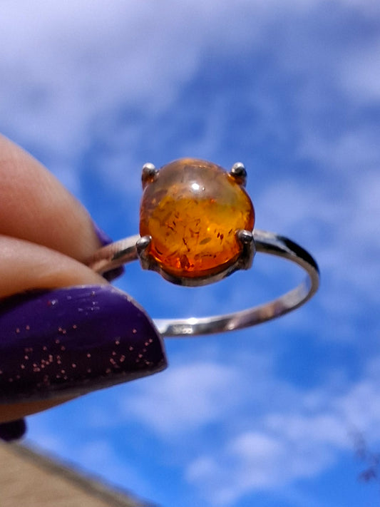 Baltic Amber Ring, size large W, 925 Silver, Fossil (Ref: AR27)