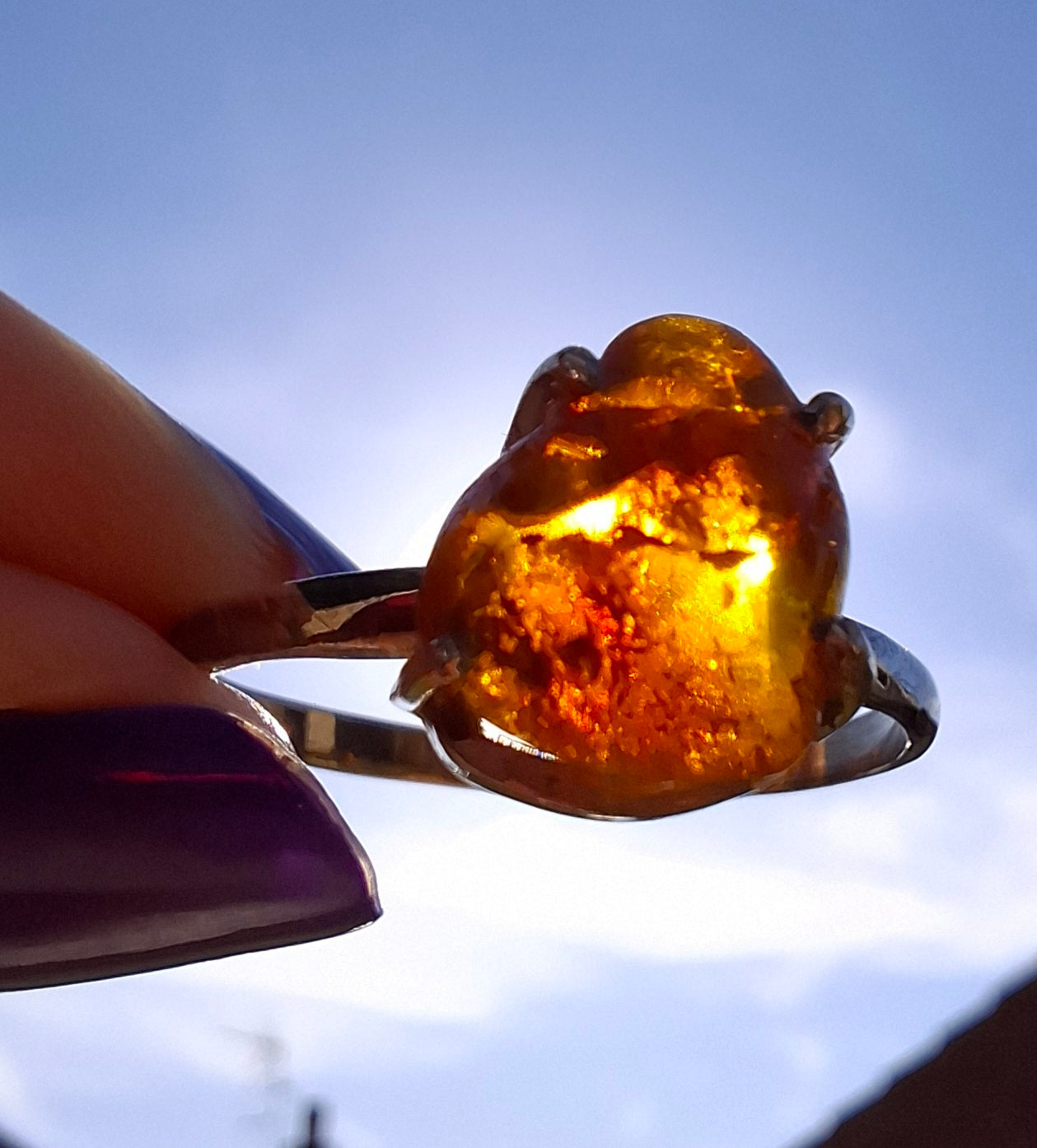 Baltic Amber Ring, size large X, 925 Silver, Fossil (Ref: AR34)
