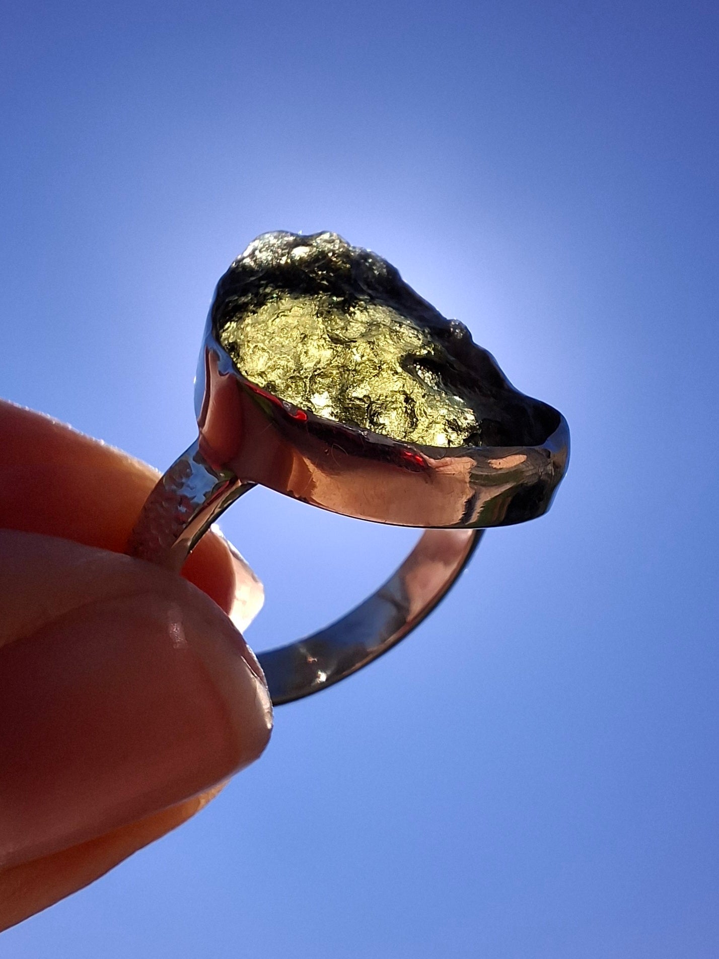 Moldavite Ring, size O, 925 Silver, Tektite (Ref: R311)