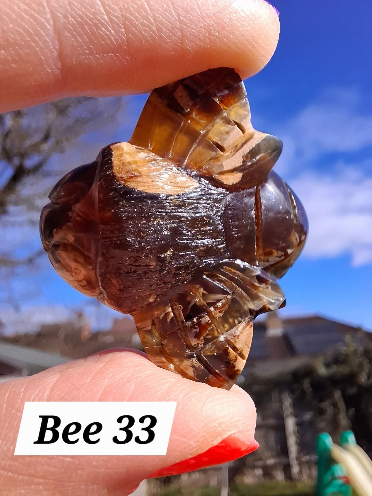 Red Amber Honey Bee Carving, 6.93g, Fossil (Ref: Bee33)