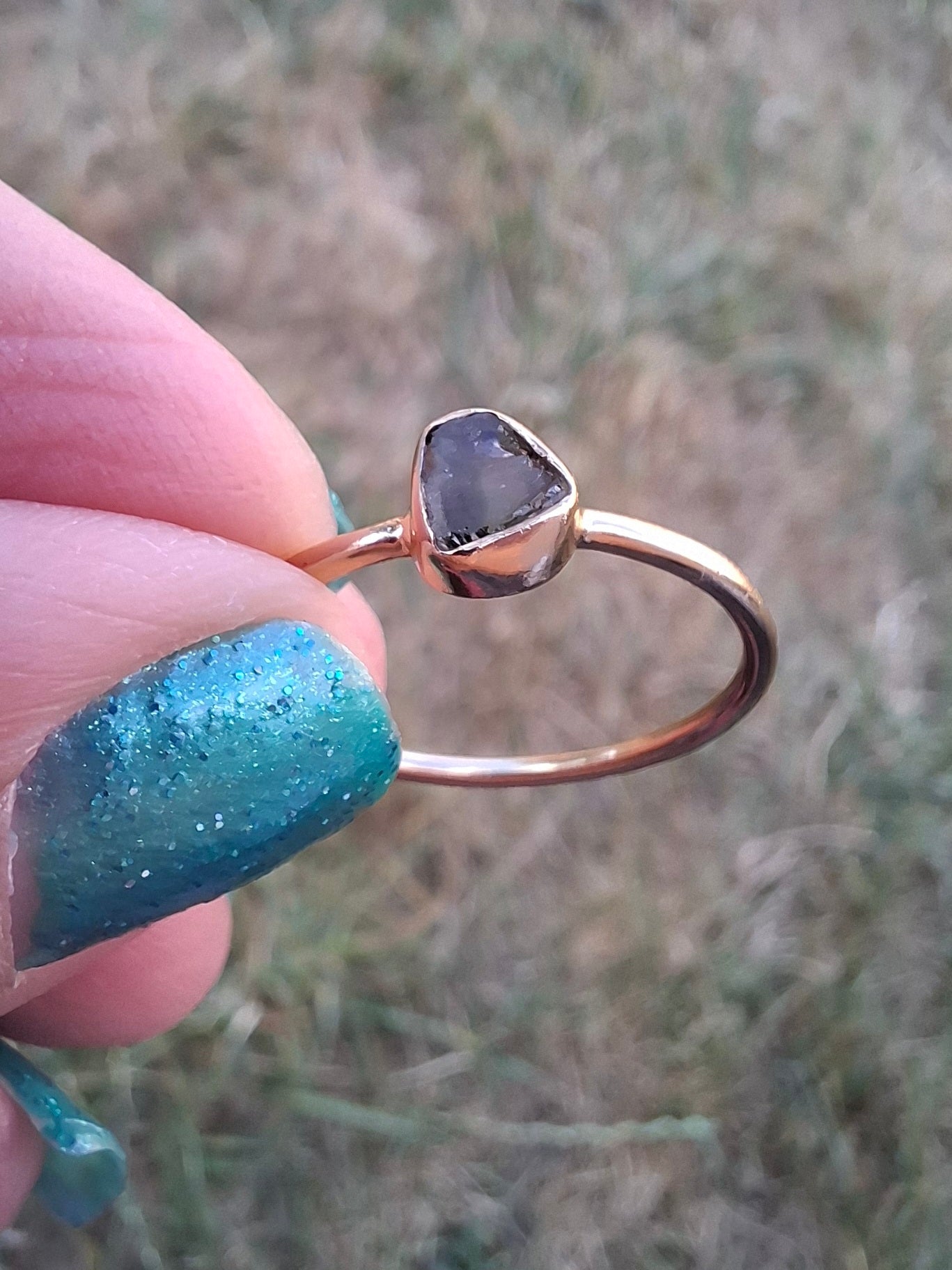 Moldavite Ring,14K GOLD Plated, size large O, Tektite (Ref: R344)