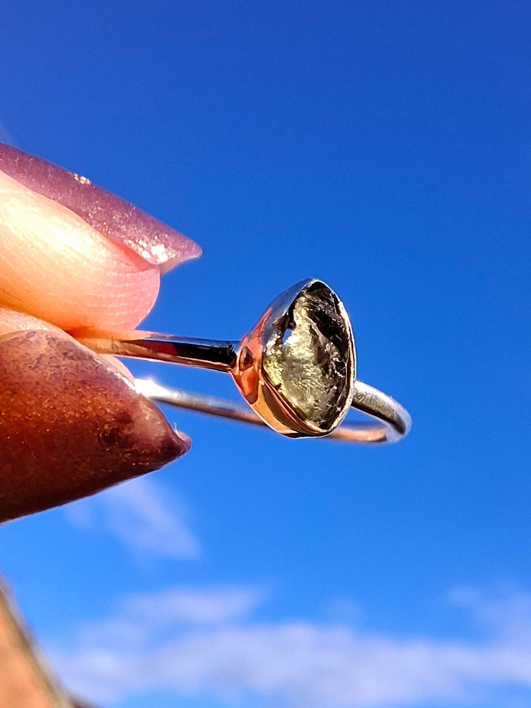 Moldavite Ring, size large M, 925 Silver, Tektite (Ref: R51)