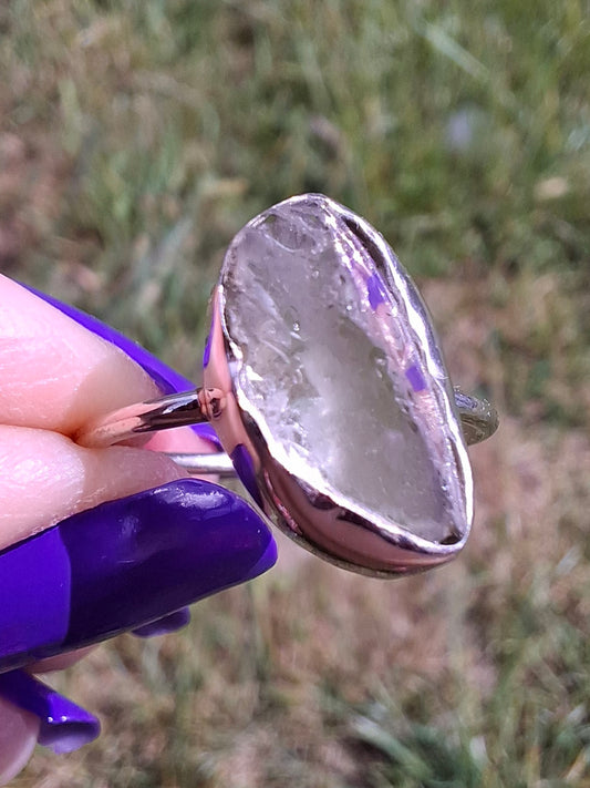 Libyan Desert Glass Ring, size large P, 925 Silver, Tektite (Ref: LR34)