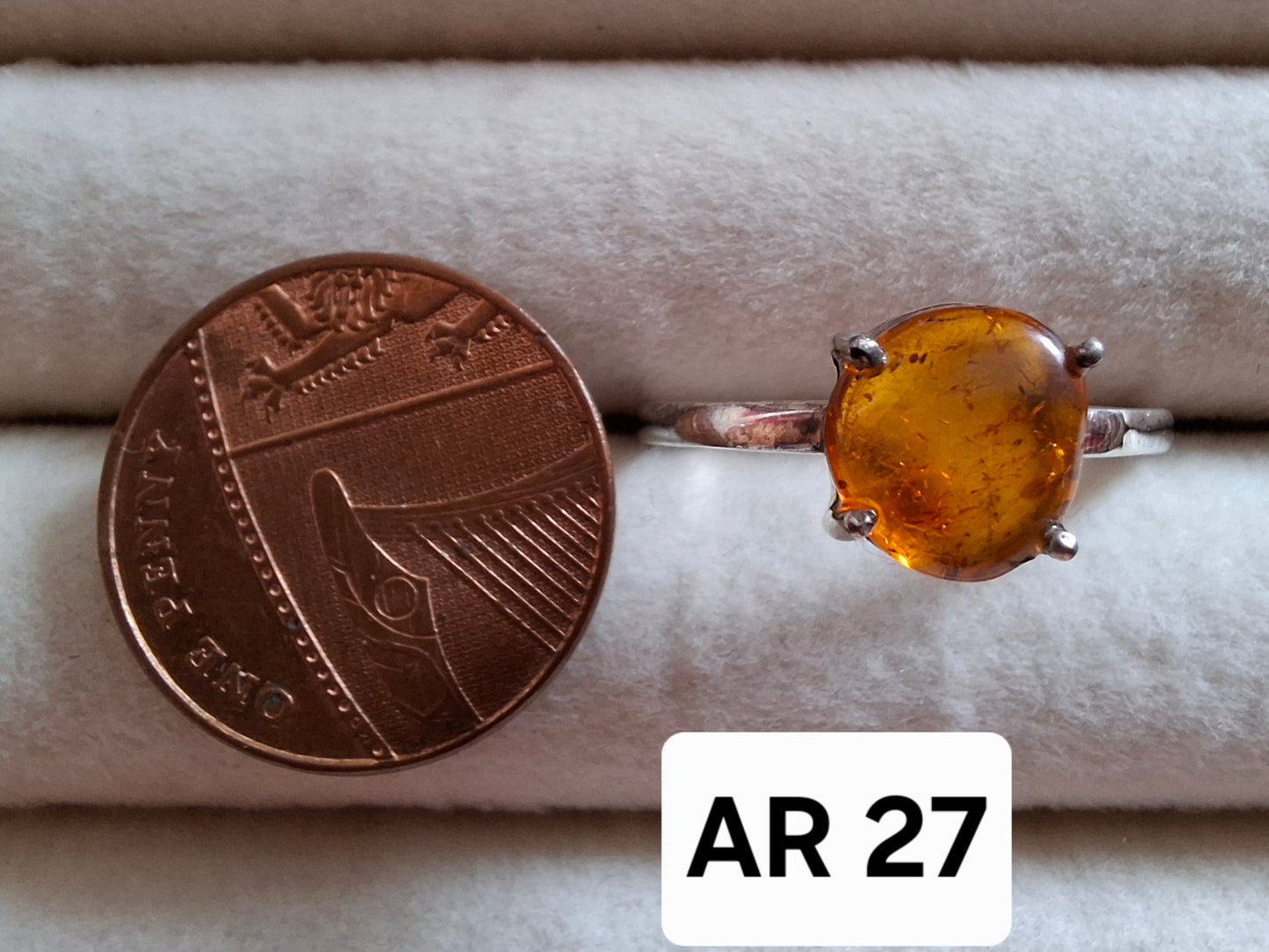 Baltic Amber Ring, size large W, 925 Silver, Fossil (Ref: AR27)