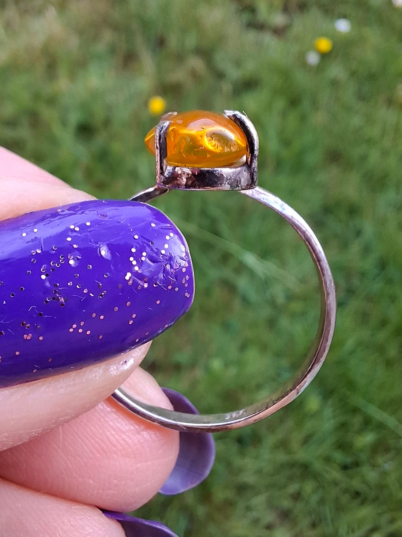 Baltic Amber Ring, size large T, 925 Silver, Fossil (Ref: AR18)