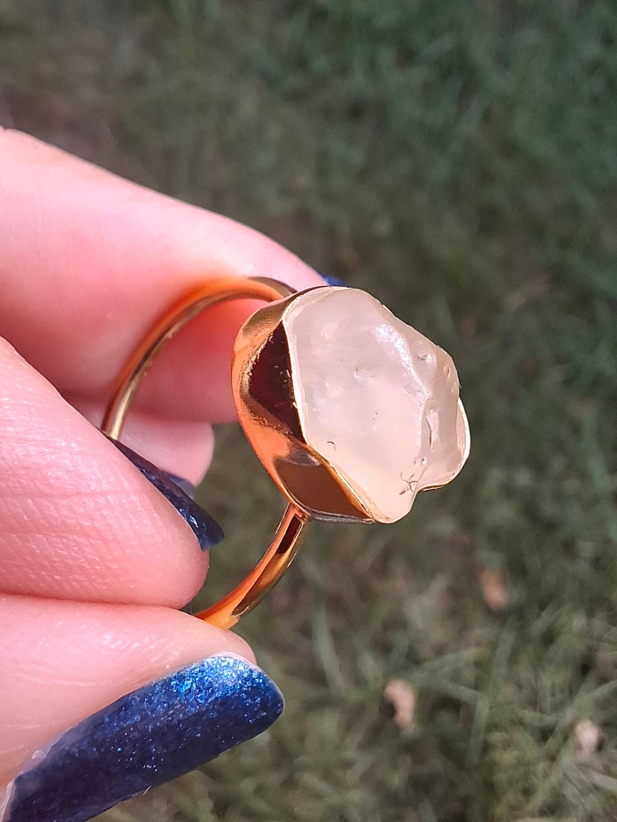 Libyan Desert Glass Ring, 14K GOLD Plated, size large P/small Q, Tektite (Ref: LR73)