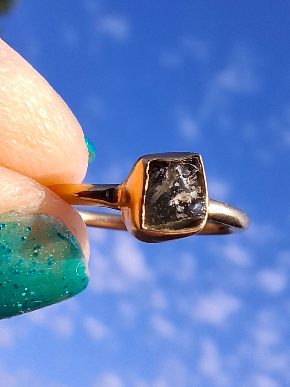 Moldavite Ring, 14K GOLD Plated, size small i, Tektite (Ref: R333)