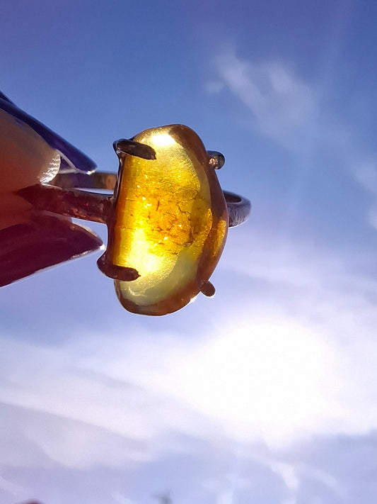 Baltic Amber Ring, size large T, 925 Silver, Fossil (Ref: AR18)