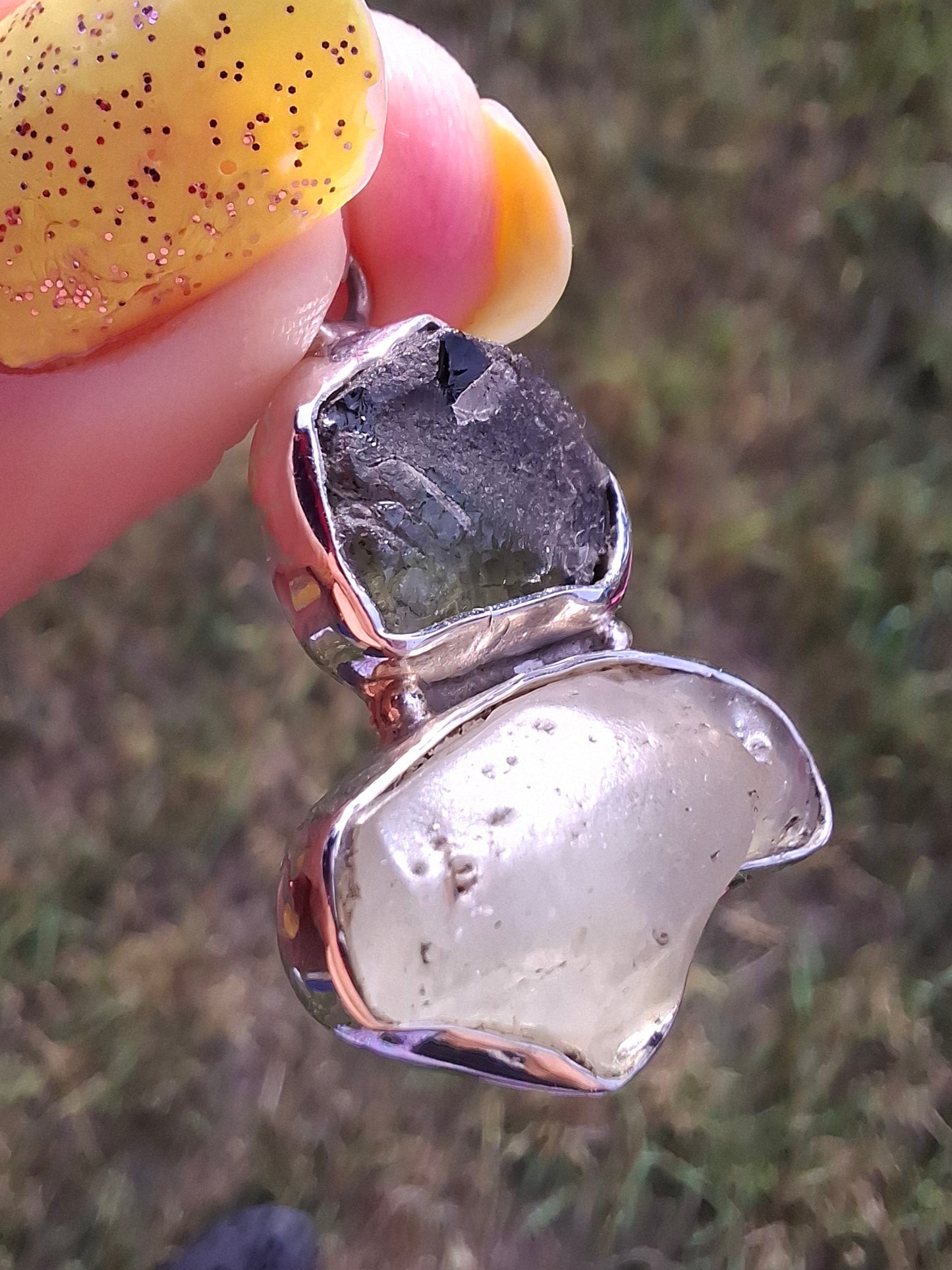 Moldavite & Libyan Desert Glass Pendant, 925 Silver, Tektite (Ref: MLP10)