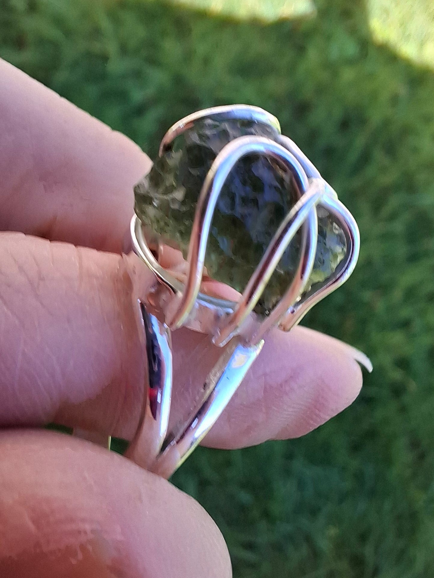 Moldavite Ring, size O, 925 Silver, Tektite (Ref: R7)