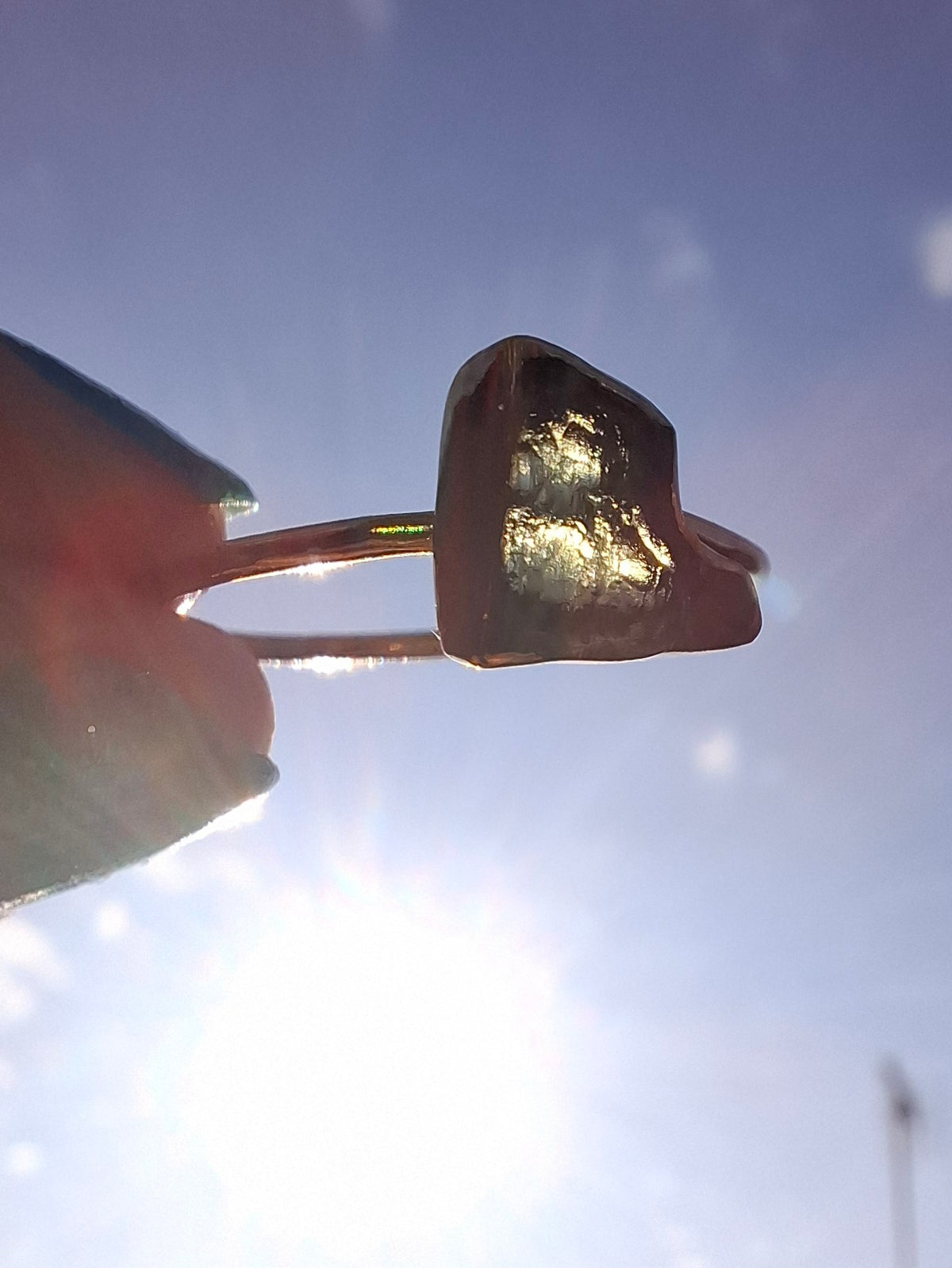 Moldavite Ring, 14K GOLD Plated, size large U, Tektite (Ref: R351)