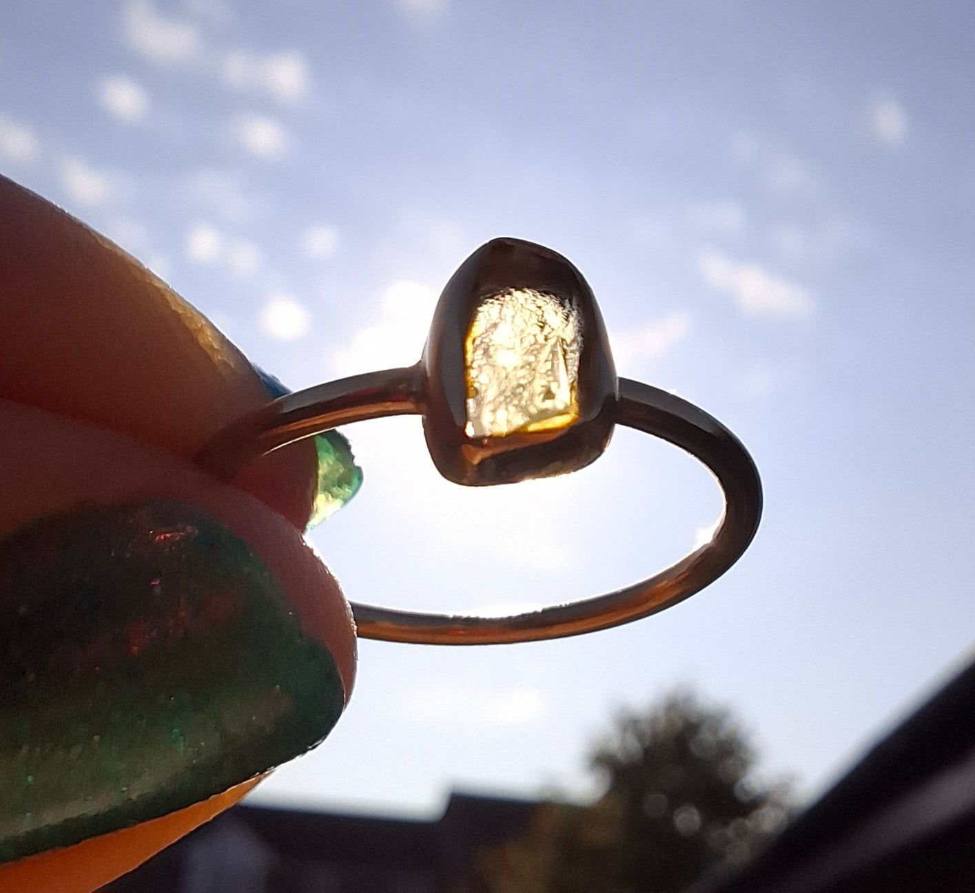 Moldavite Ring, 14K GOLD Plated, size small L, Tektite (Ref: R342)