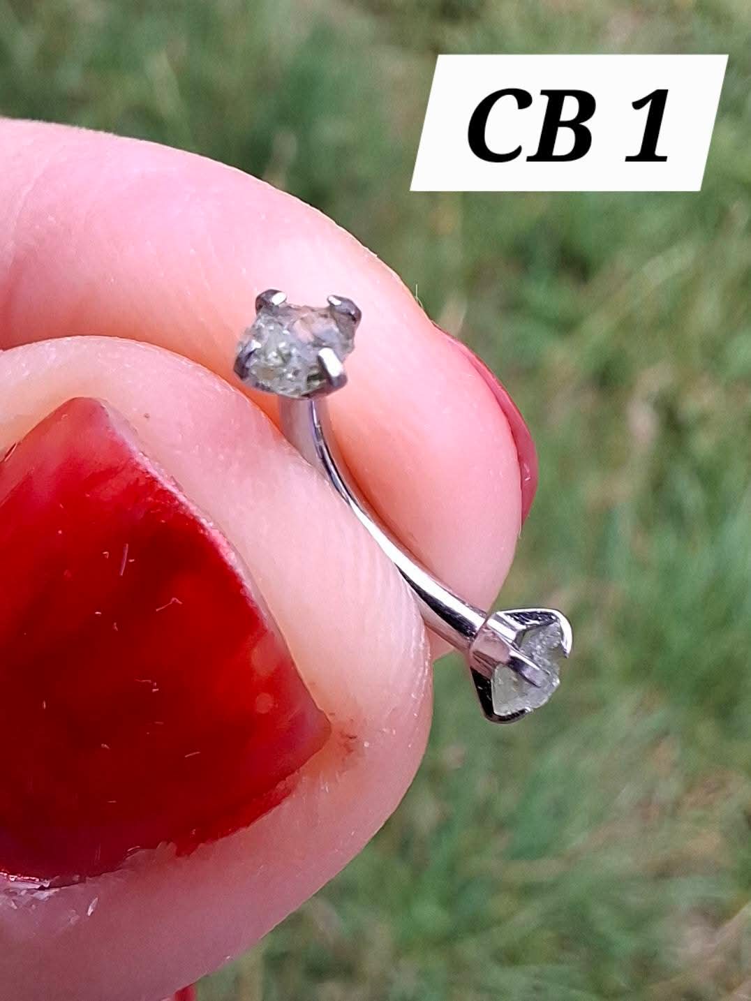 Moldavite (raw) CURVED BARBELL eyebrow body bar, 16G, Surgical steel, Tektite (Ref: CB1)