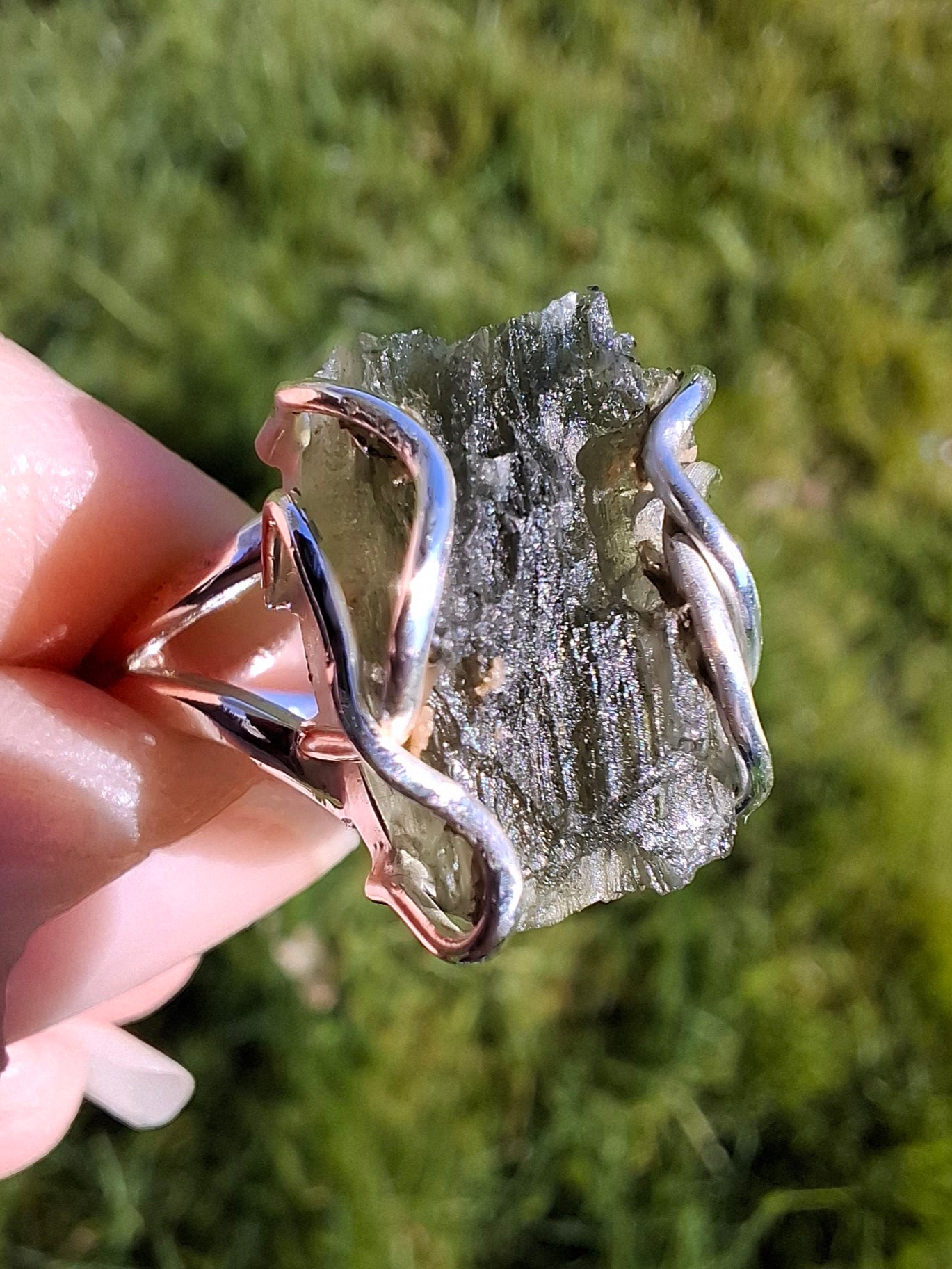 Moldavite Ring, size Q, 925 Silver, Tektite (Ref: R10)