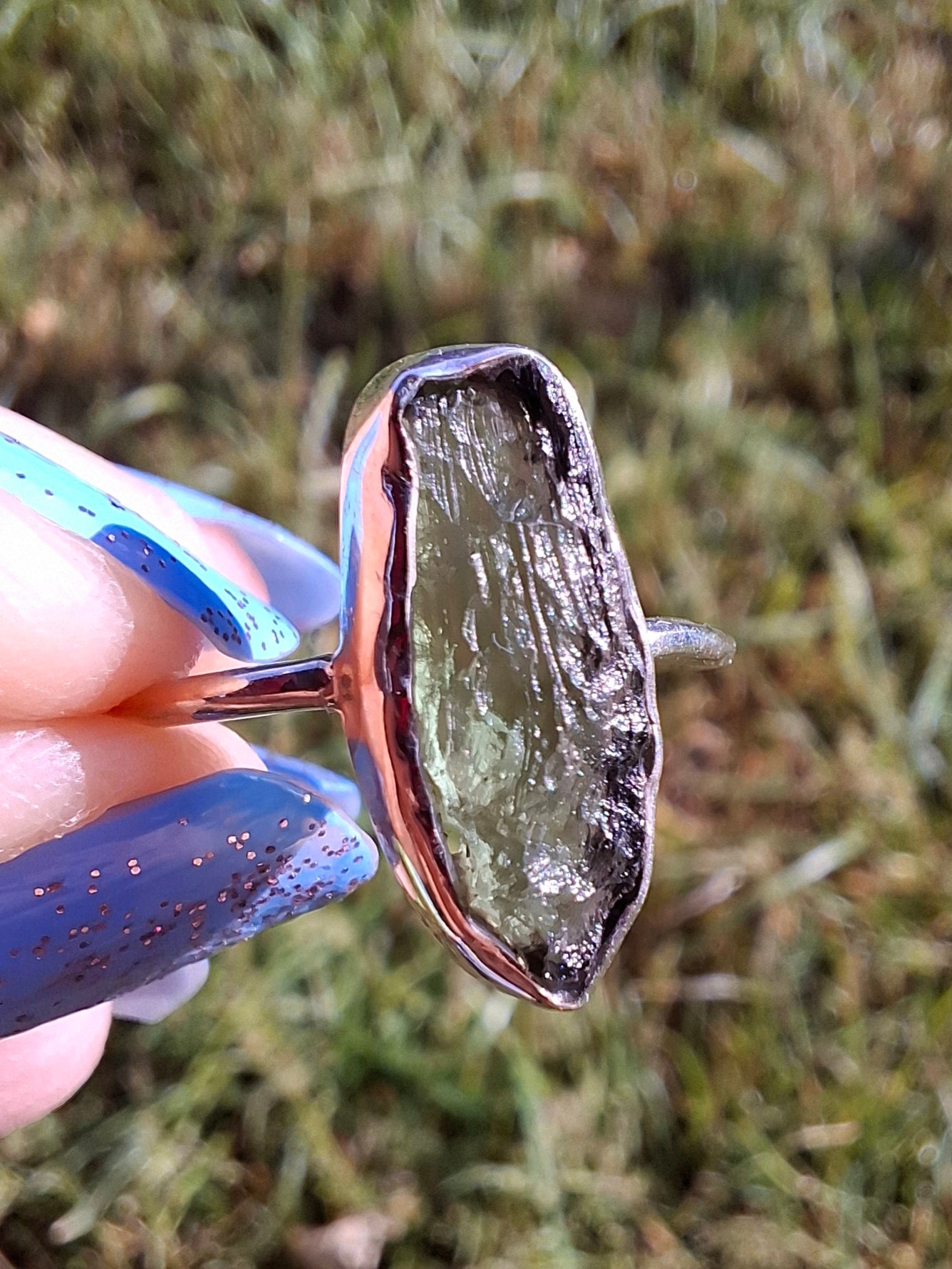 Moldavite Ring, size large R, 925 Silver, Tektite (Ref: R27)