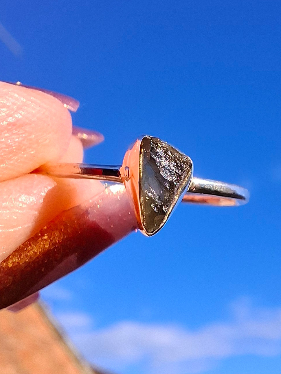 Moldavite Ring, size large R/small S, 925 Silver, Tektite (Ref: R55)
